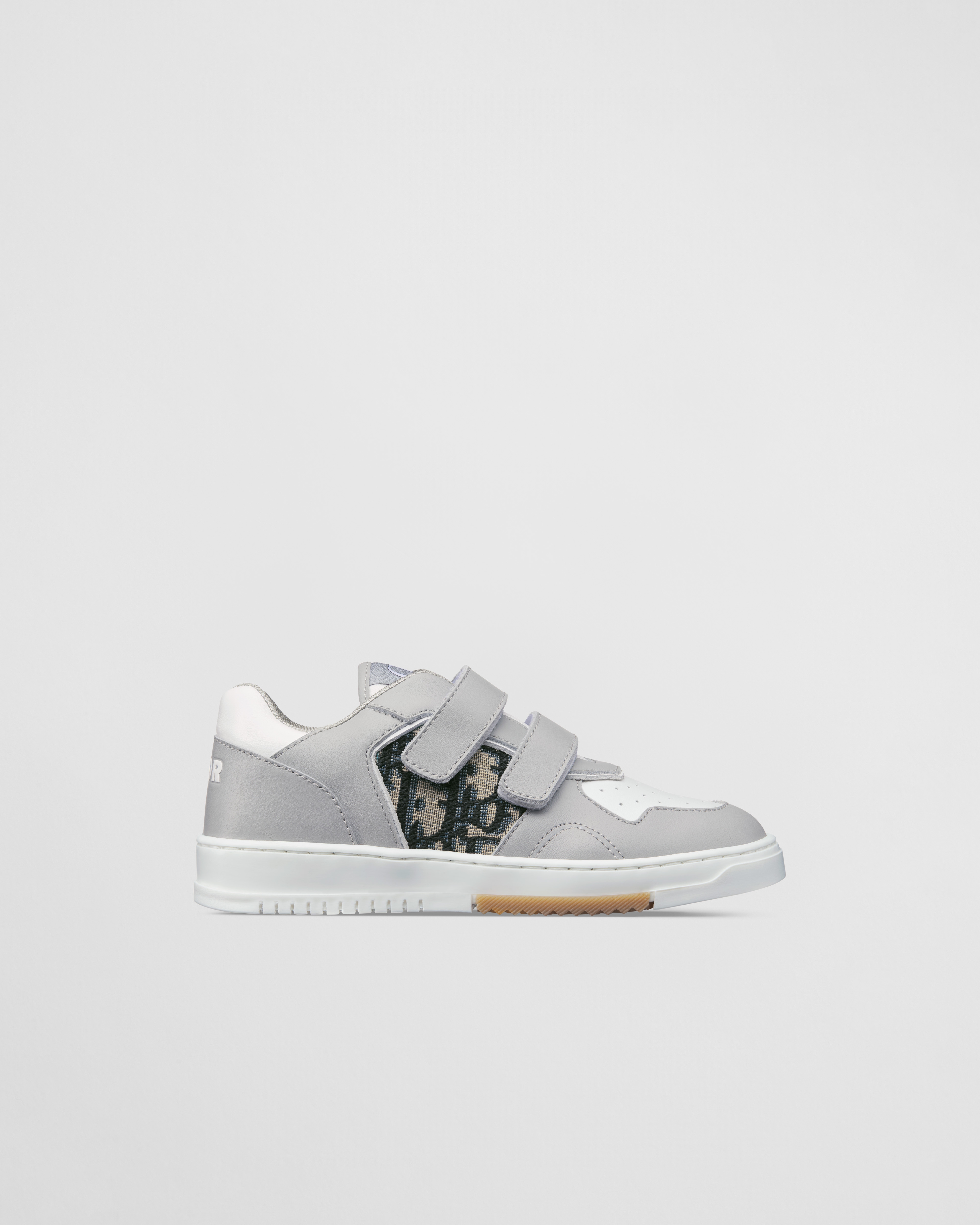 B27 Low Top Sneaker für Kleinkinder Glattes Kalbsleder in Grau und Weiß und Dior Oblique Jacquard in Beige und Schwarz E02