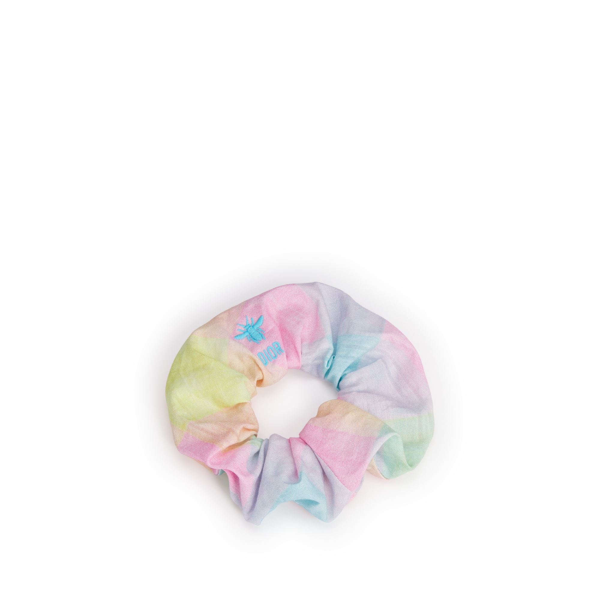 Kids' Scrunchies Ivory Cotton Voile with Macro Dior Oblique Jacquard, Turquoise Seasonal Floral Motif and Multicolor Madras-Style Motif E10