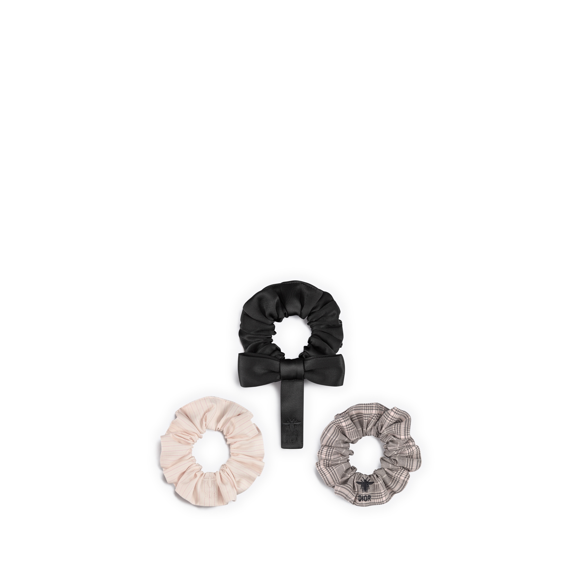 Kids' Scrunchies Black Satin, Ivory Cotton Poplin with Pale Pink Stripes and Gray, Pink and Silver-Tone Wool Blend with Prince of Wales Motif E01