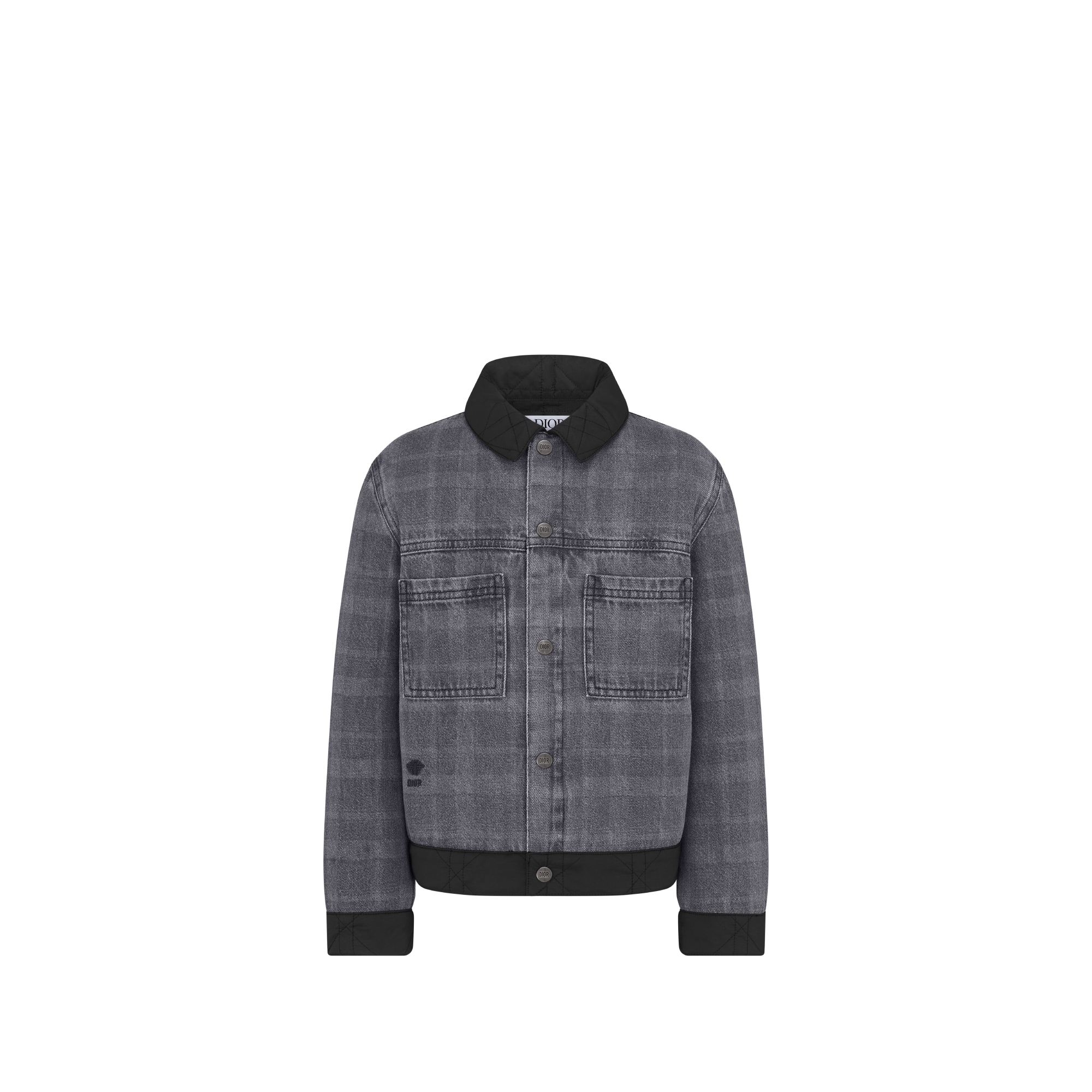 Kids' Jacket Gray Checkered Cotton Denim and Black Cannage Technical Fabric E01