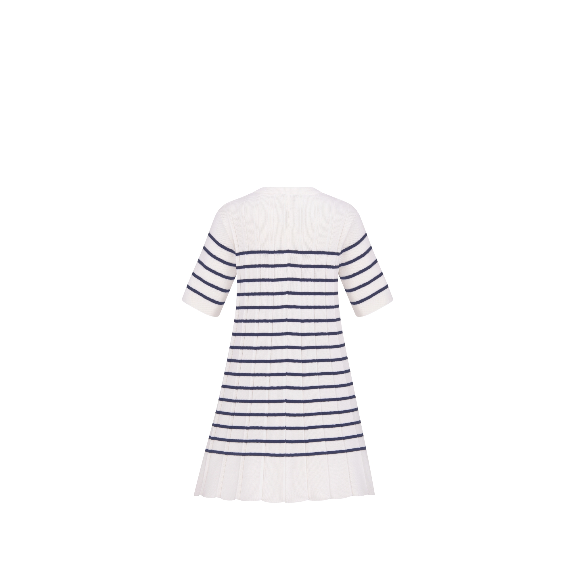 Kids' Flared Dress Ivory Cotton and Cashmere Pleated Knit with Navy Blue Stripes E08