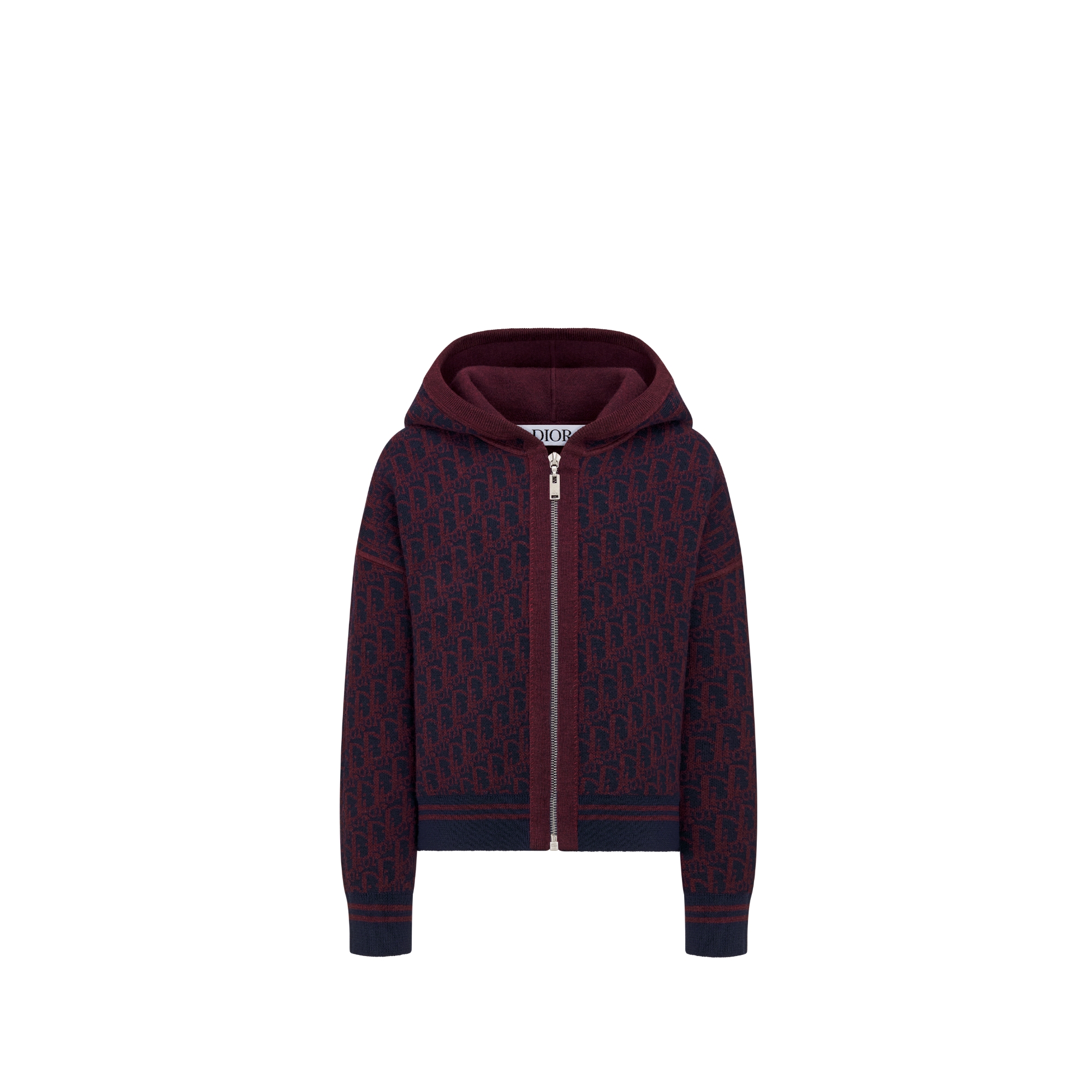 Cardigan réversible zippé à capuche enfant Maille de laine bordeaux et jacquard Dior Oblique bordeaux et bleu marine E07