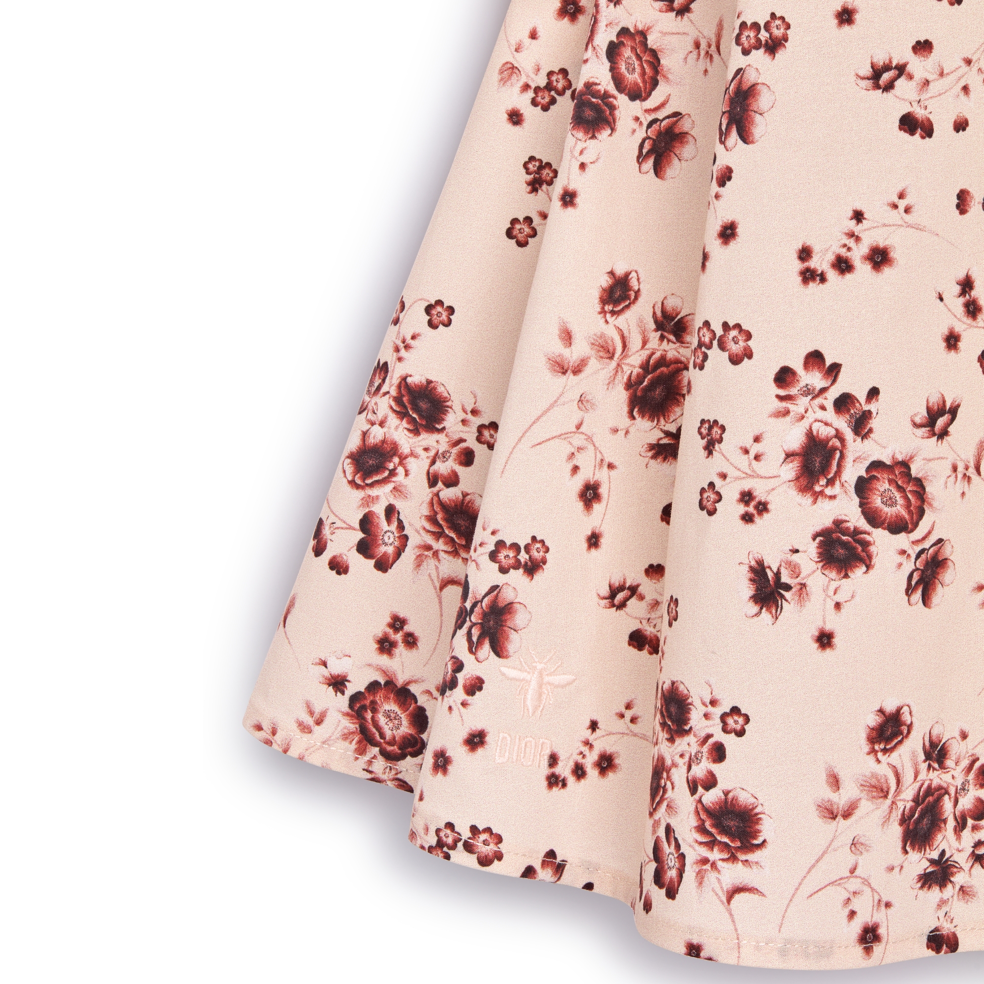 Ausgestelltes Kleid für Babys Baumwollpopelin in Pastellrosa mit saisonalem Blumenmotiv in Bordeaux E09