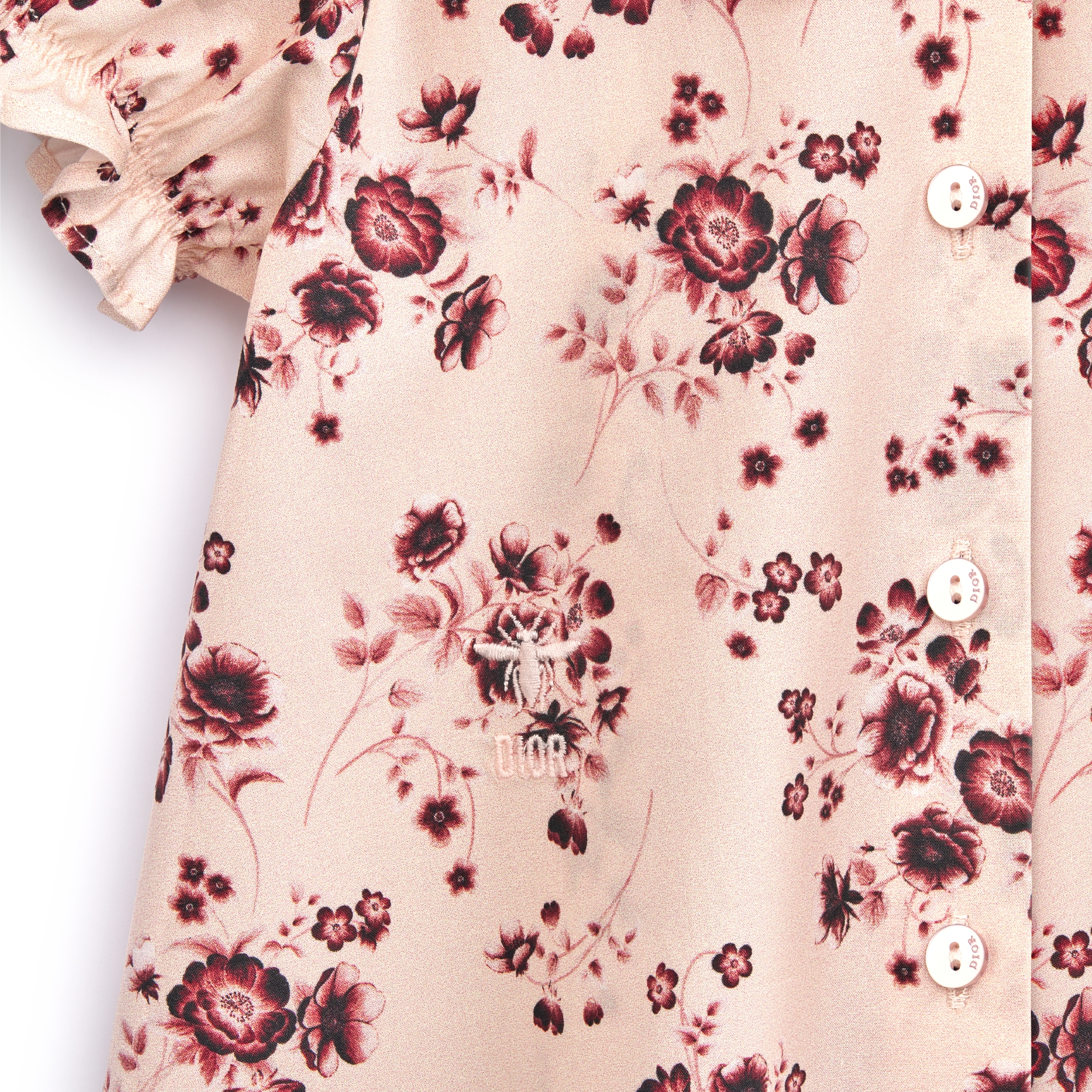Babyblouse Vaalroze katoenpoplin met nieuw bordeauxrood bloemenmotief E09