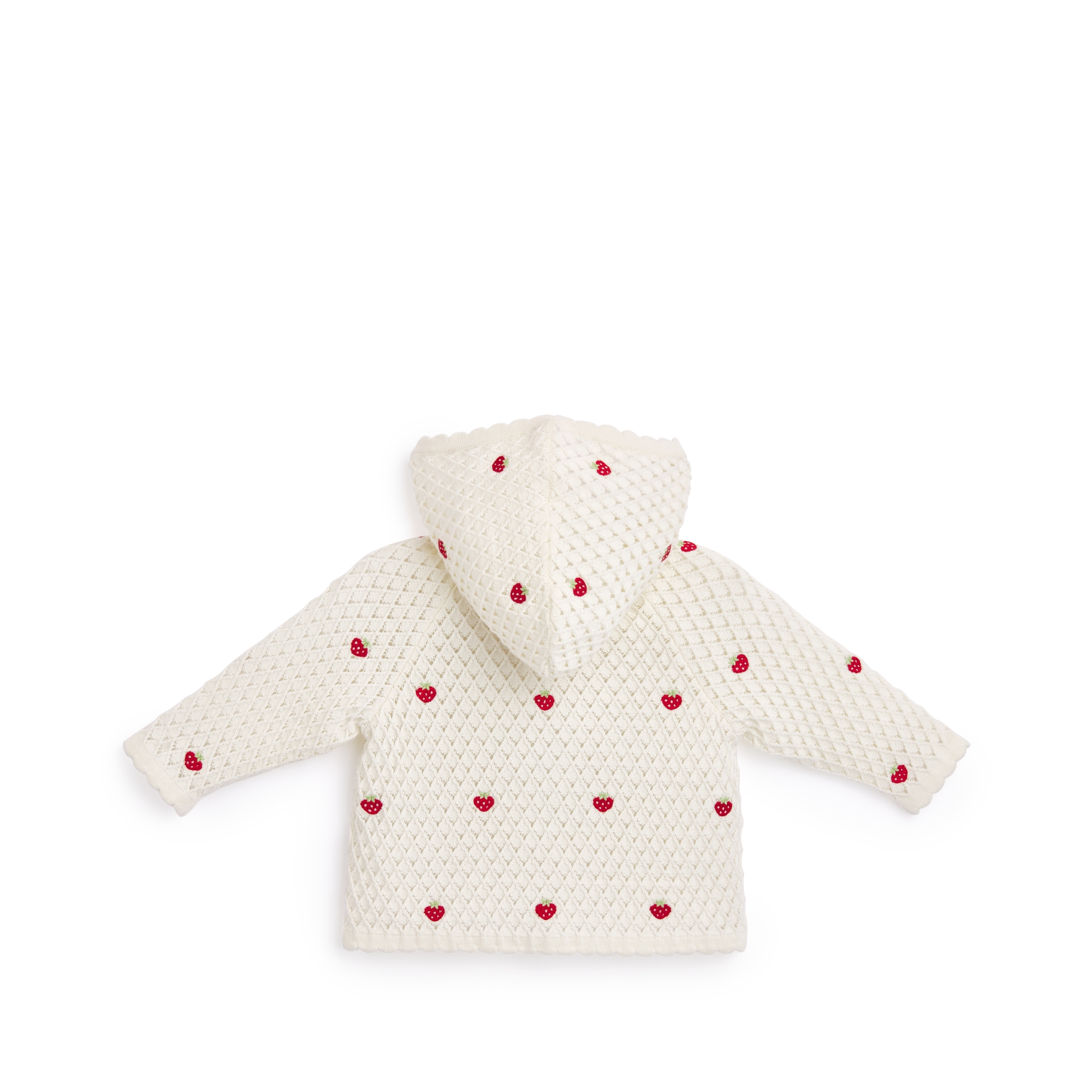 Baby Hooded Cardigan Ivory Cotton and Wool Crochet-Effect Knit with Multicolor Jardin de Fraises Embroidery E08
