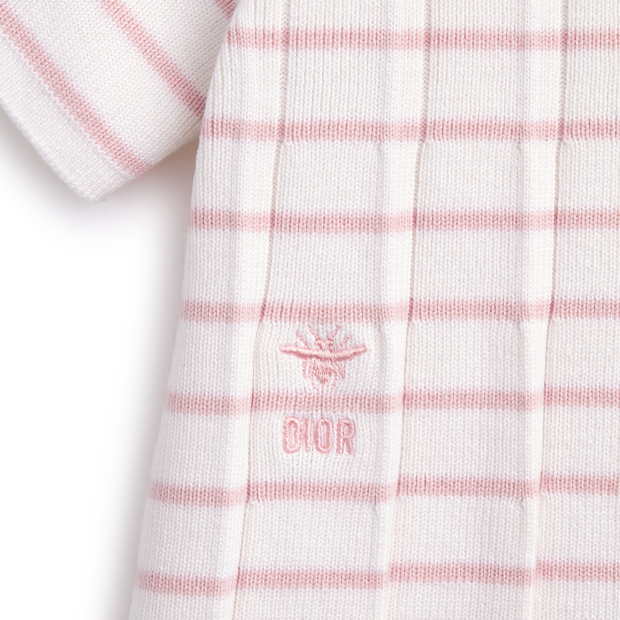 Baby Flared Dress Ivory Cotton and Cashmere Pleated Knit with Pale Pink Stripes E09