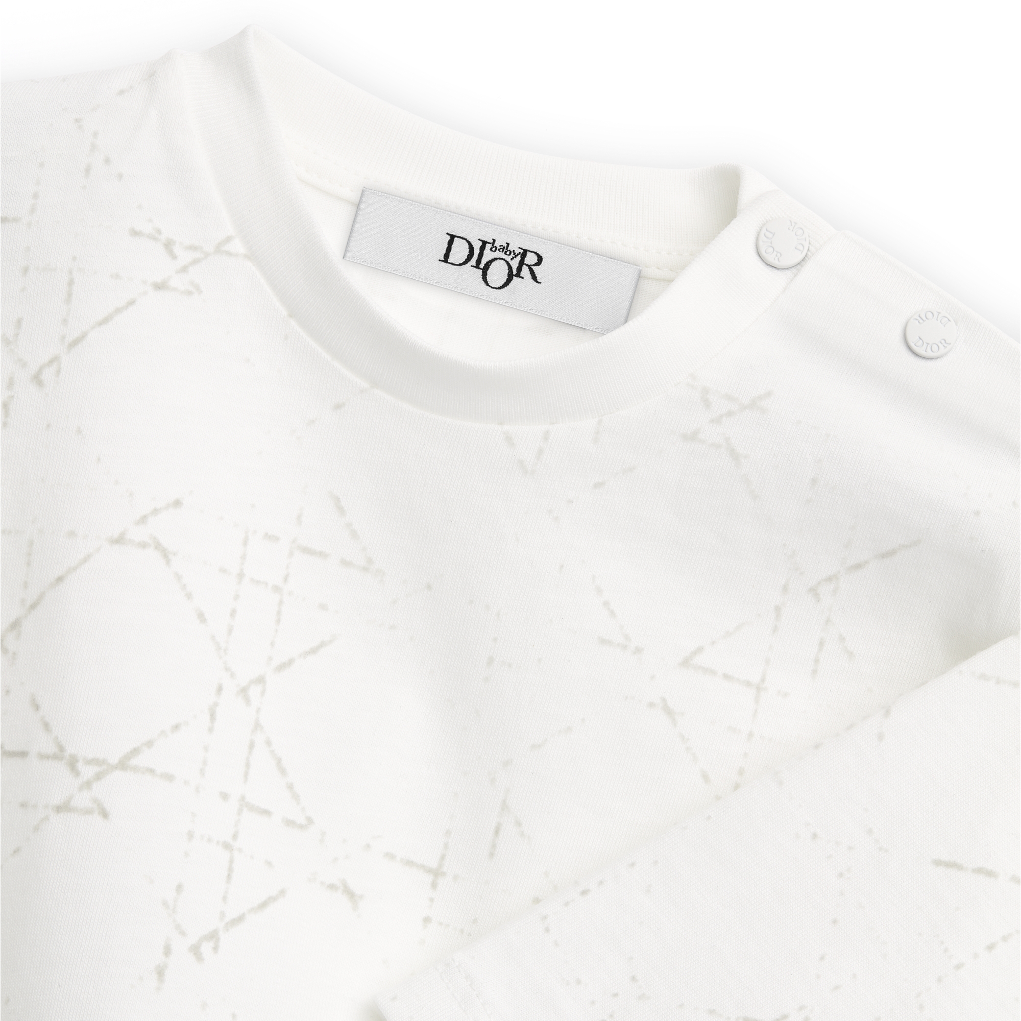 Baby Long-Sleeved T-Shirt Ivory Cotton Jersey with Faded Light Gray Cannage Motif E09