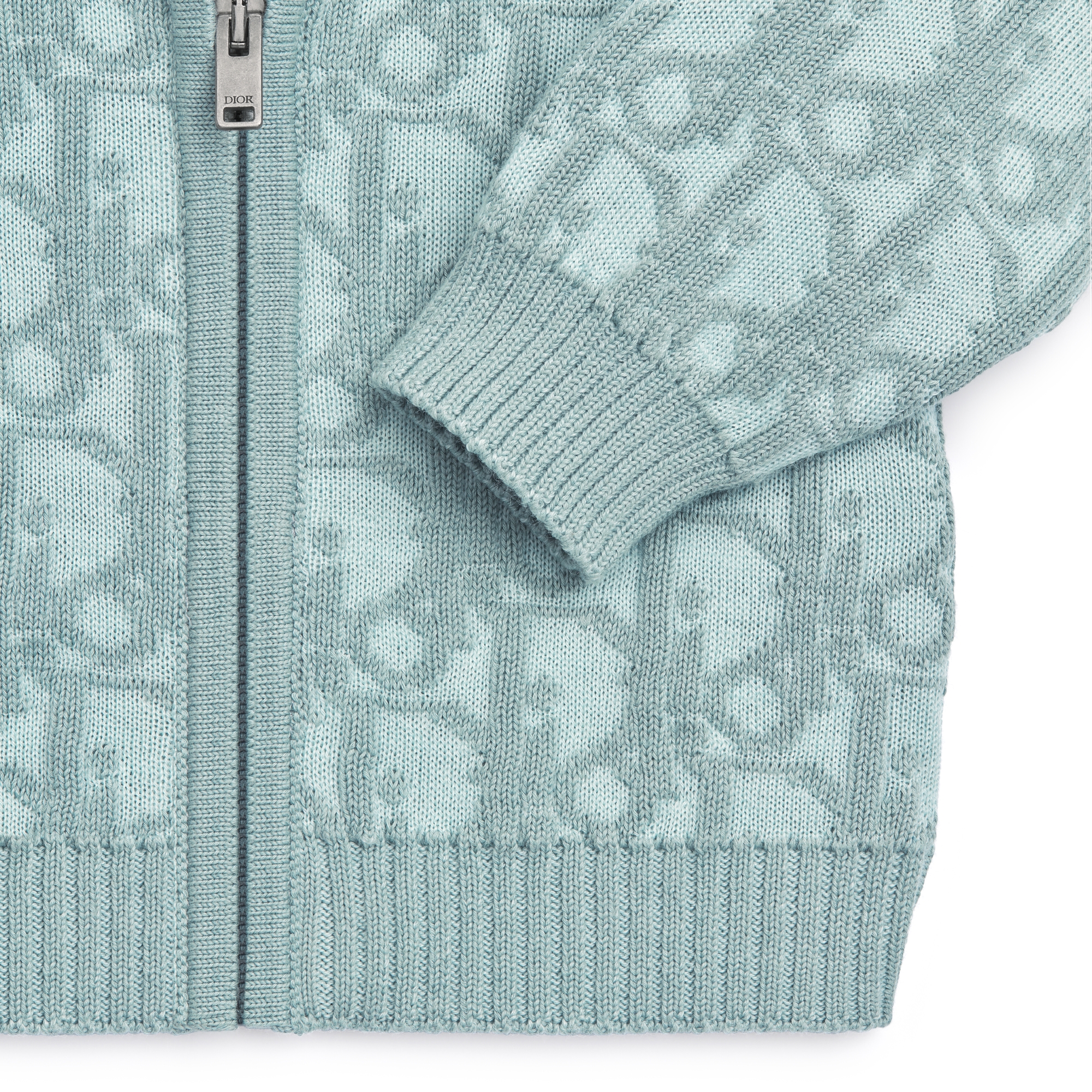 Cardigan mit Kapuze und Reißverschluss für Babys Baumwoll-, Woll- und Kaschmirstrick in Aquablau mit Dior Oblique Jacquard in Blau E09