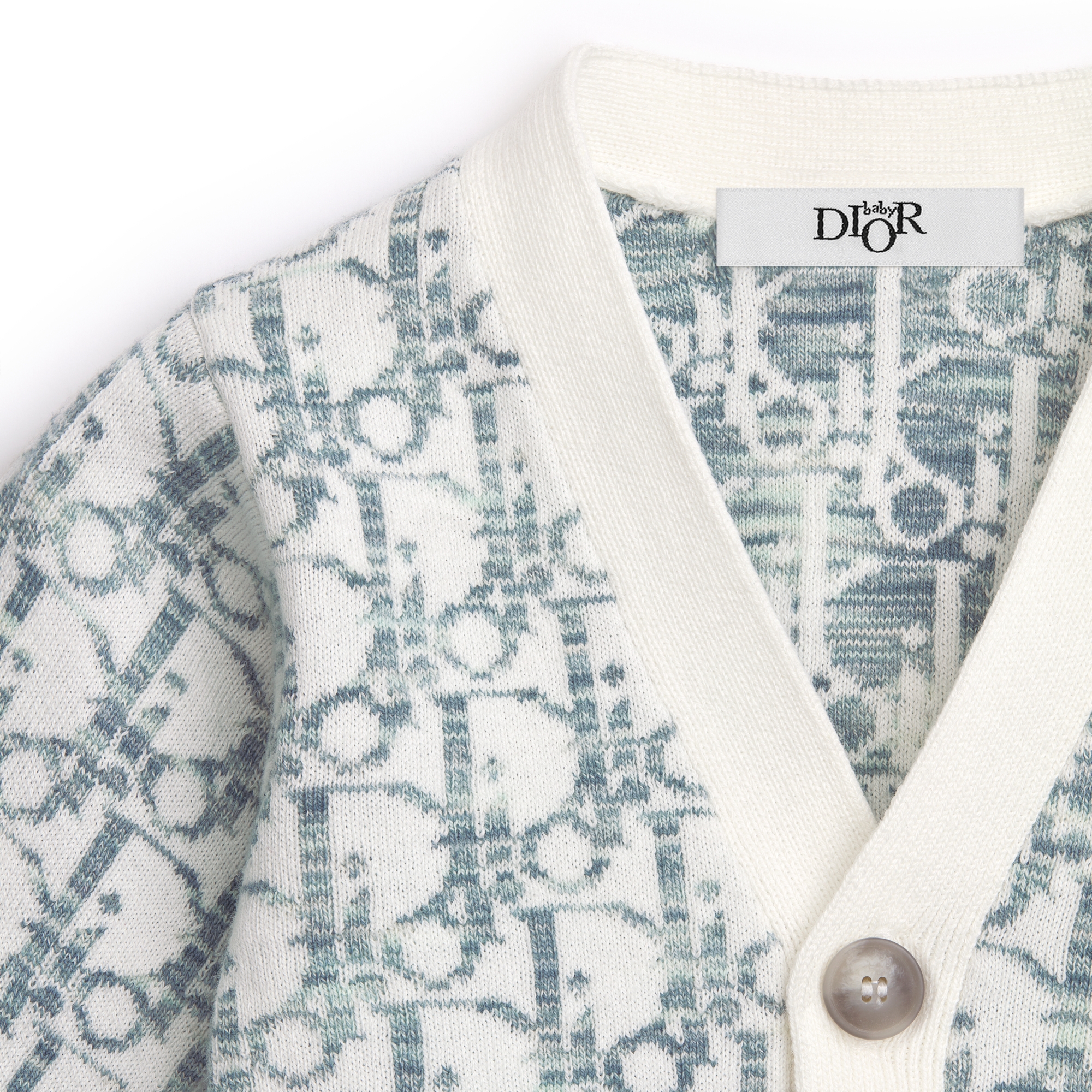 Baby Cardigan Ivory Cotton Knit with Green and Blue Jacquard Dior Oblique Motif E09