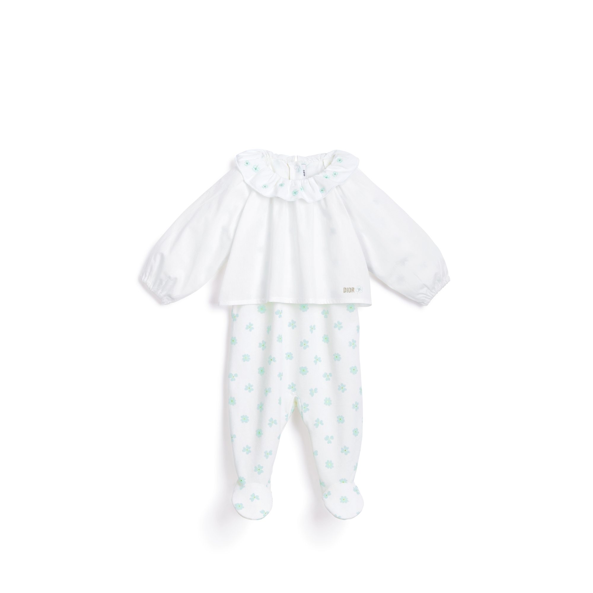 Newborn Gift Set Ivory Cotton Poplin and Ivory Cotton Jersey with Green and Gold-Tone Clover Motif E02