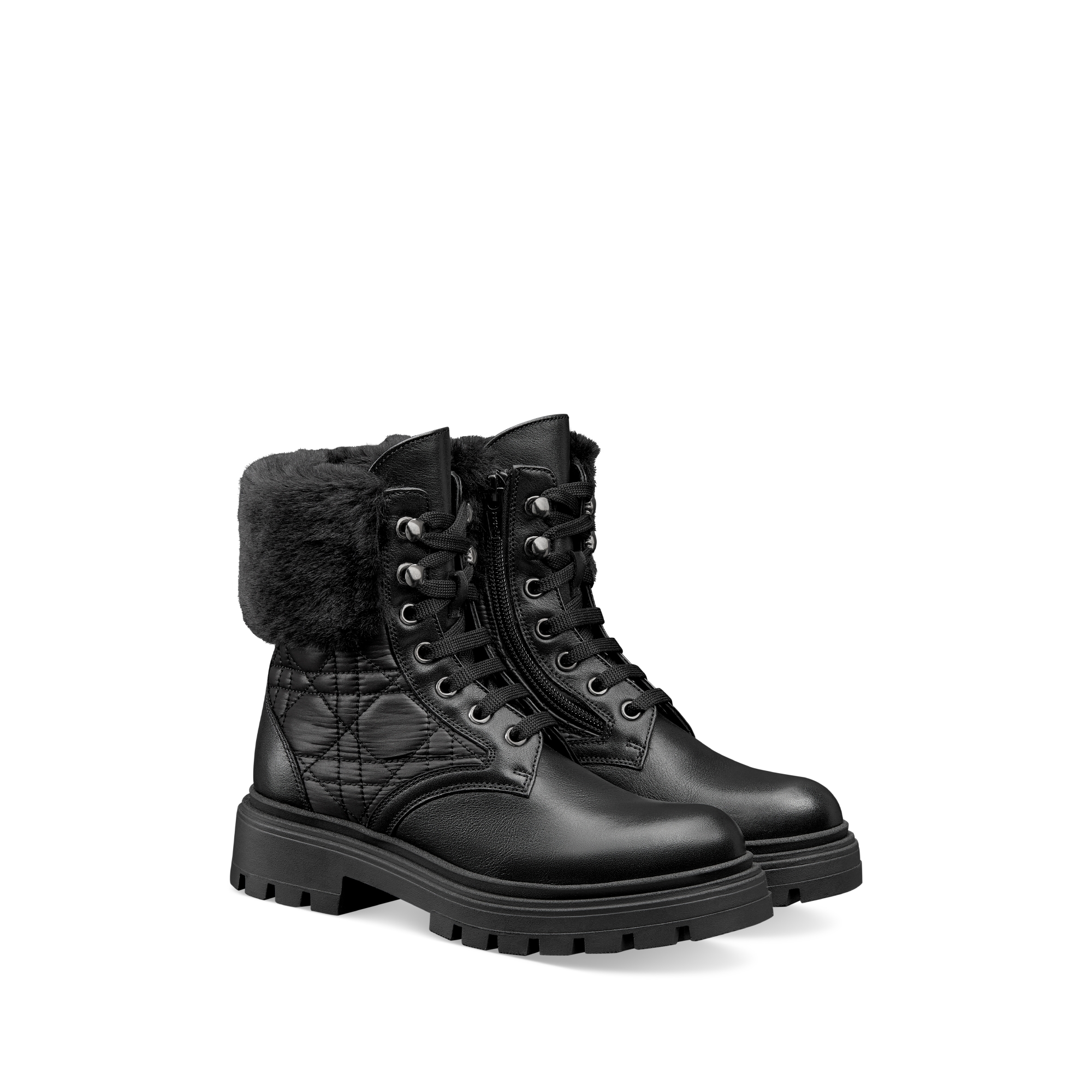 Kids' Ankle Boot Black Calfskin, Cannage Technical Fabric and Faux Fur E03