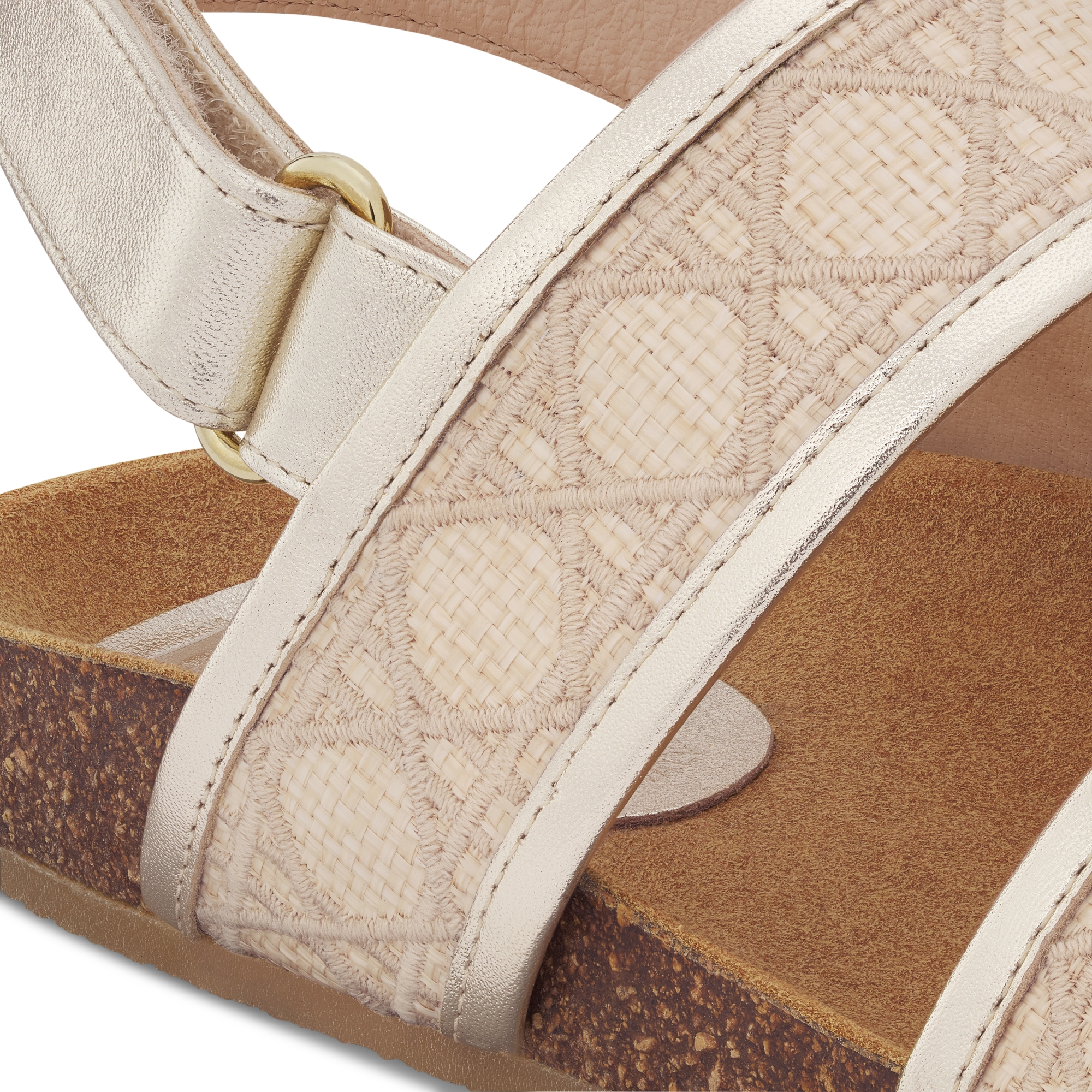 Sandale für Kinder Cannage Canvas mit Raffiabastoptik in Naturfarbe und Kalbsleder in Goldfarbe E09