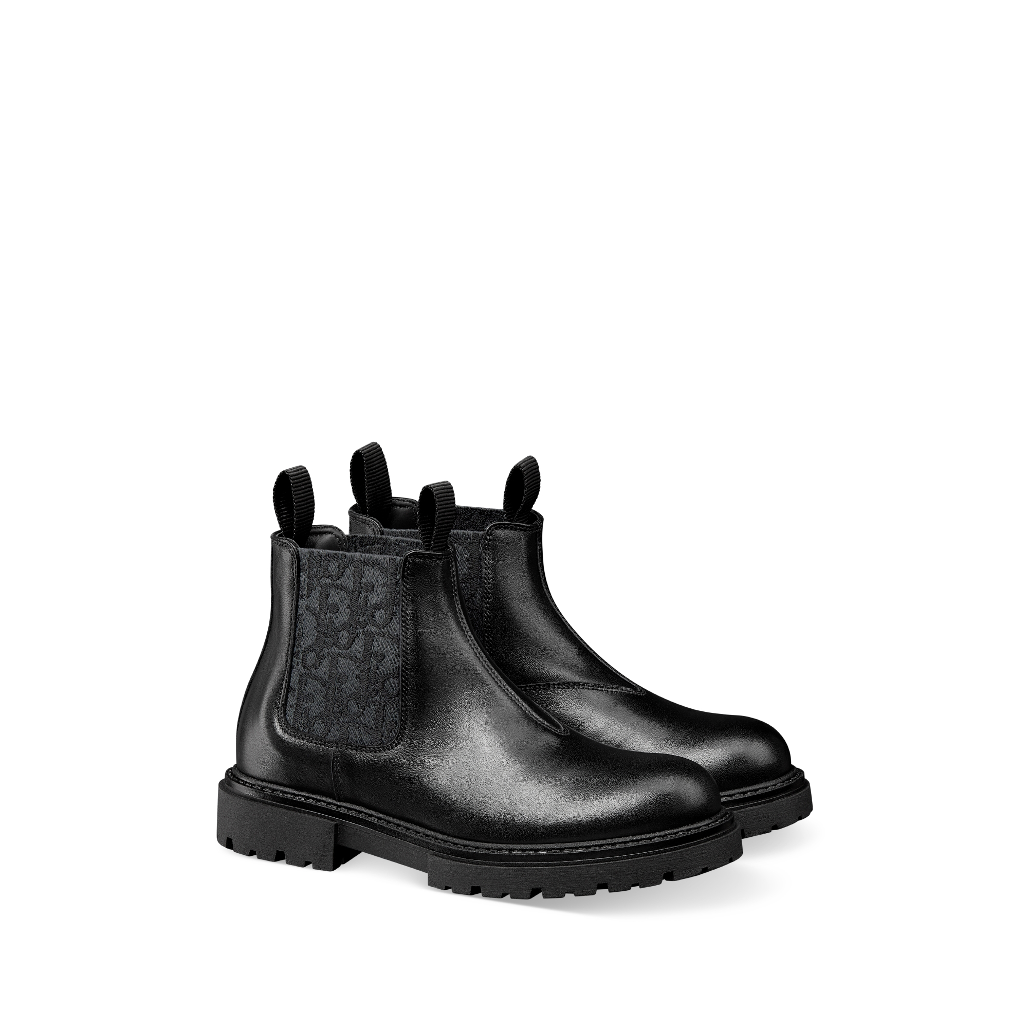 Bottine Chelsea enfant Cuir de veau et toile jacquard Dior Oblique noirs E03