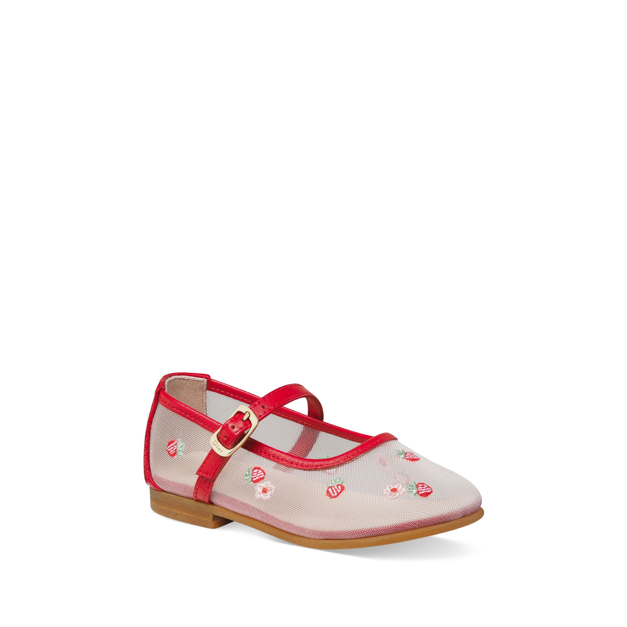 Baby Ballet Flat White Mesh with Multicolor Jardin de Fraises Embroidery and Red Cannage Lambskin E03