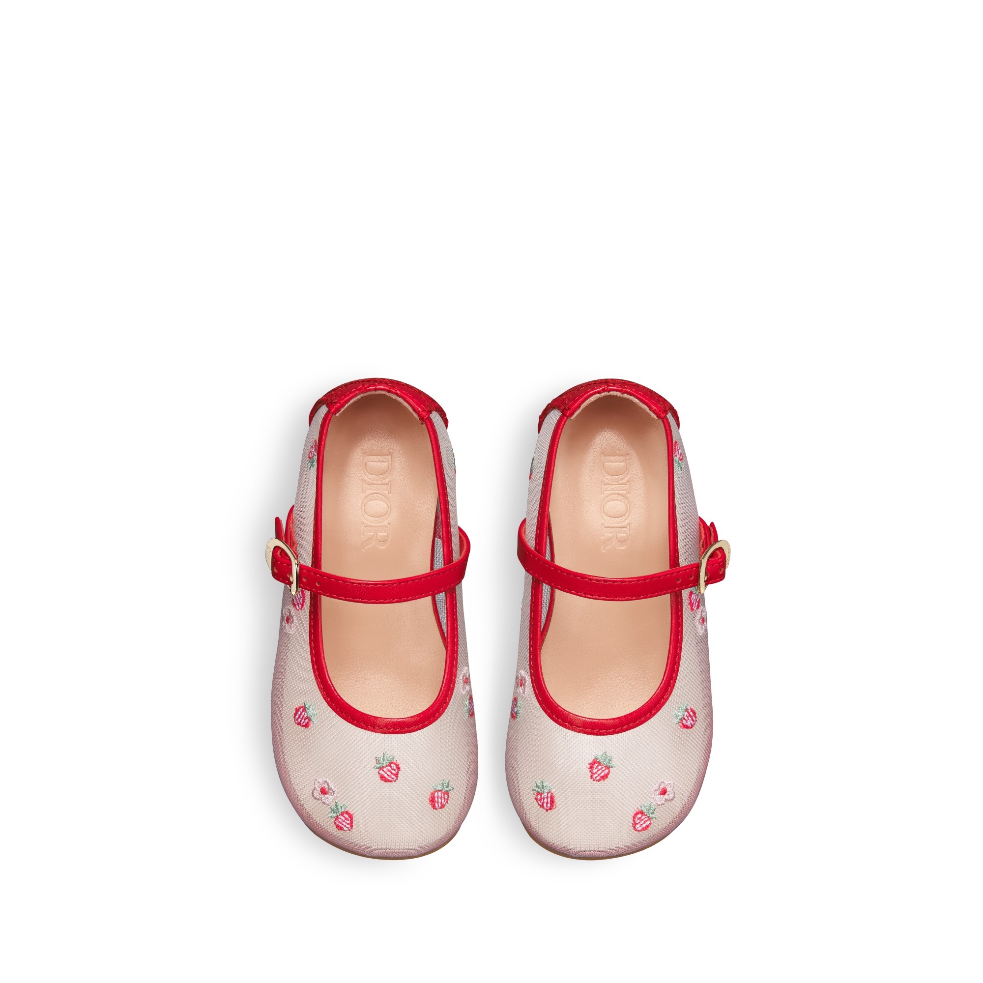 Baby Ballet Flat White Mesh with Multicolor Jardin de Fraises Embroidery and Red Cannage Lambskin E06