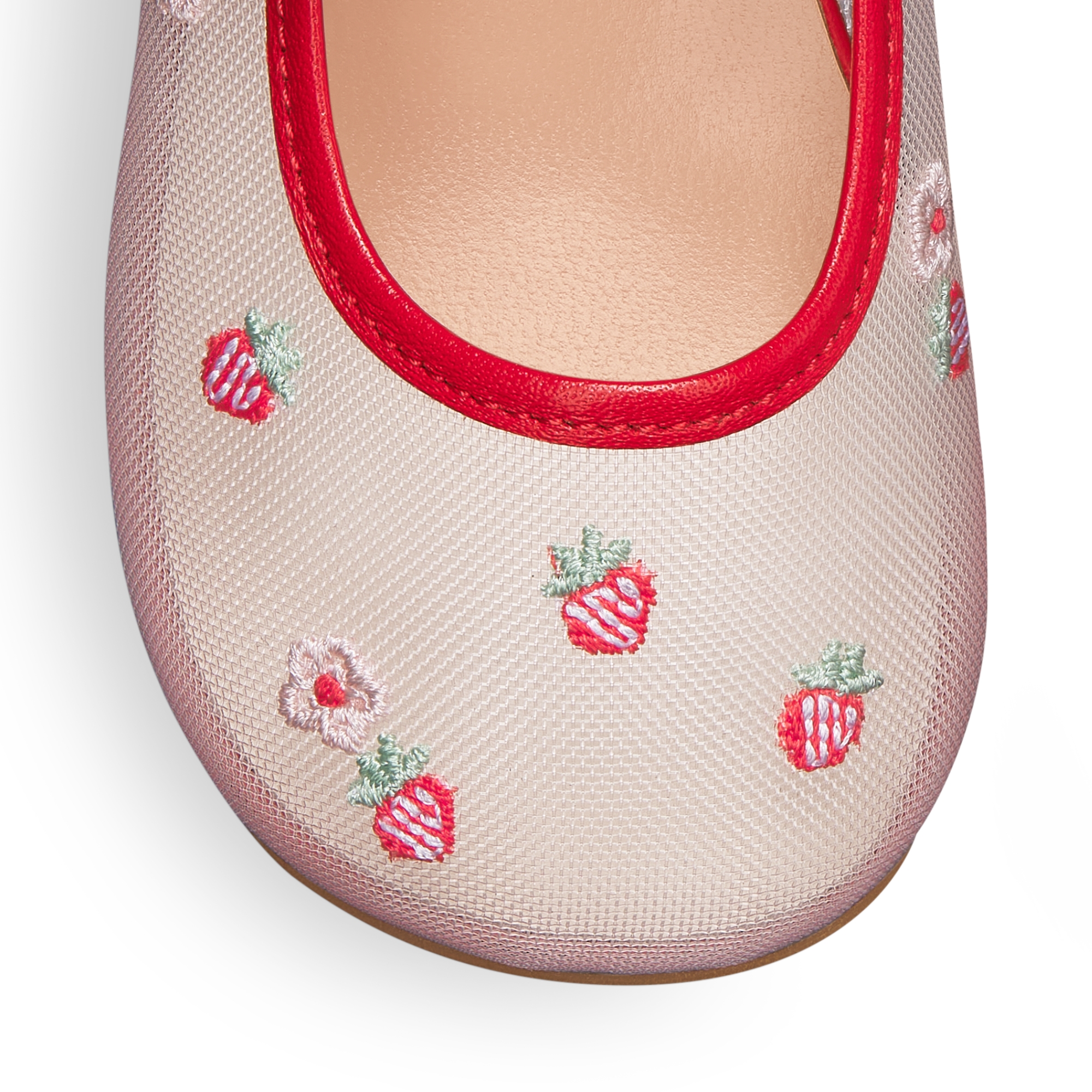 Baby Ballet Flat White Mesh with Multicolor Jardin de Fraises Embroidery and Red Cannage Lambskin E09