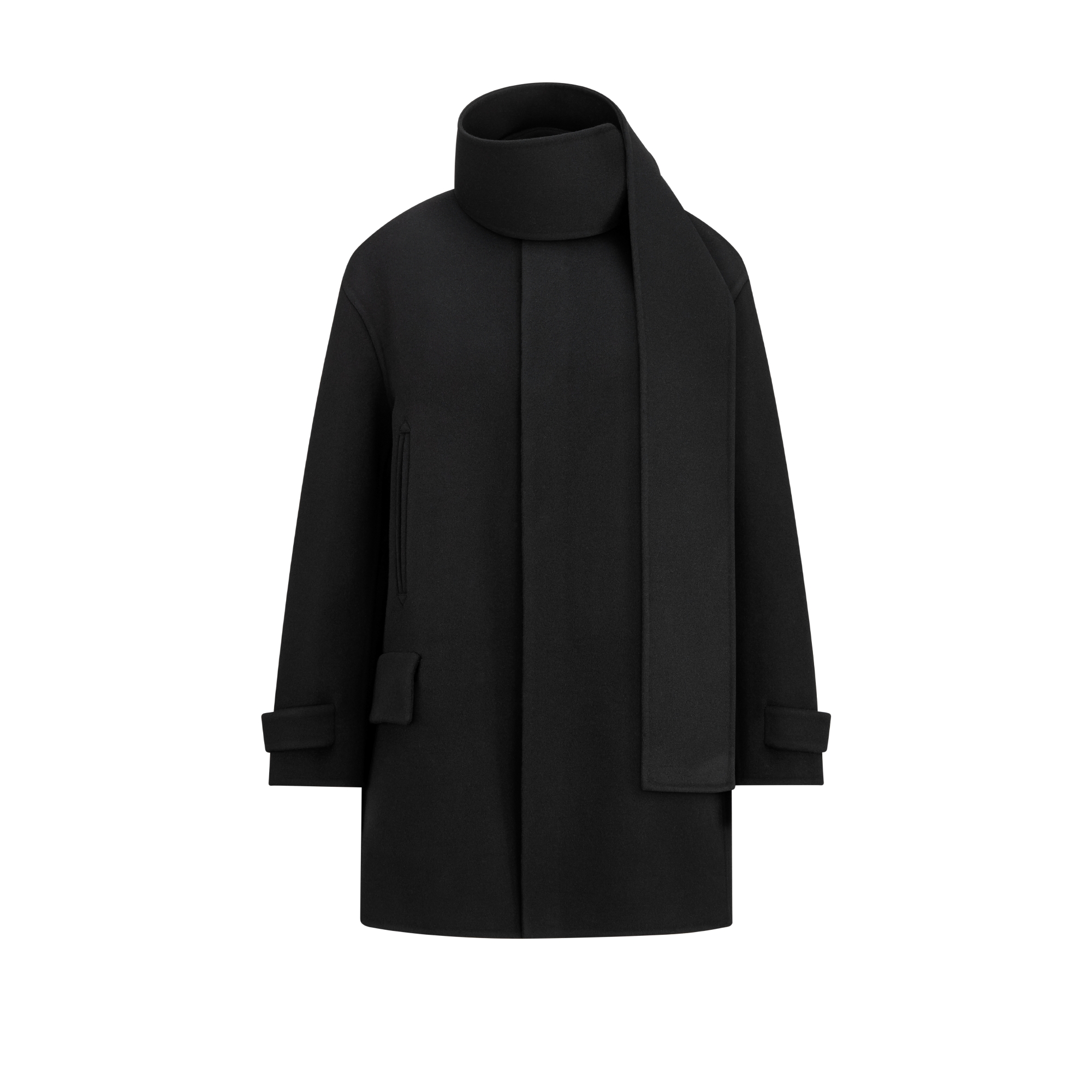 Coat with Scarf Collar Black Double-Sided Virgin Wool and Cashmere E01