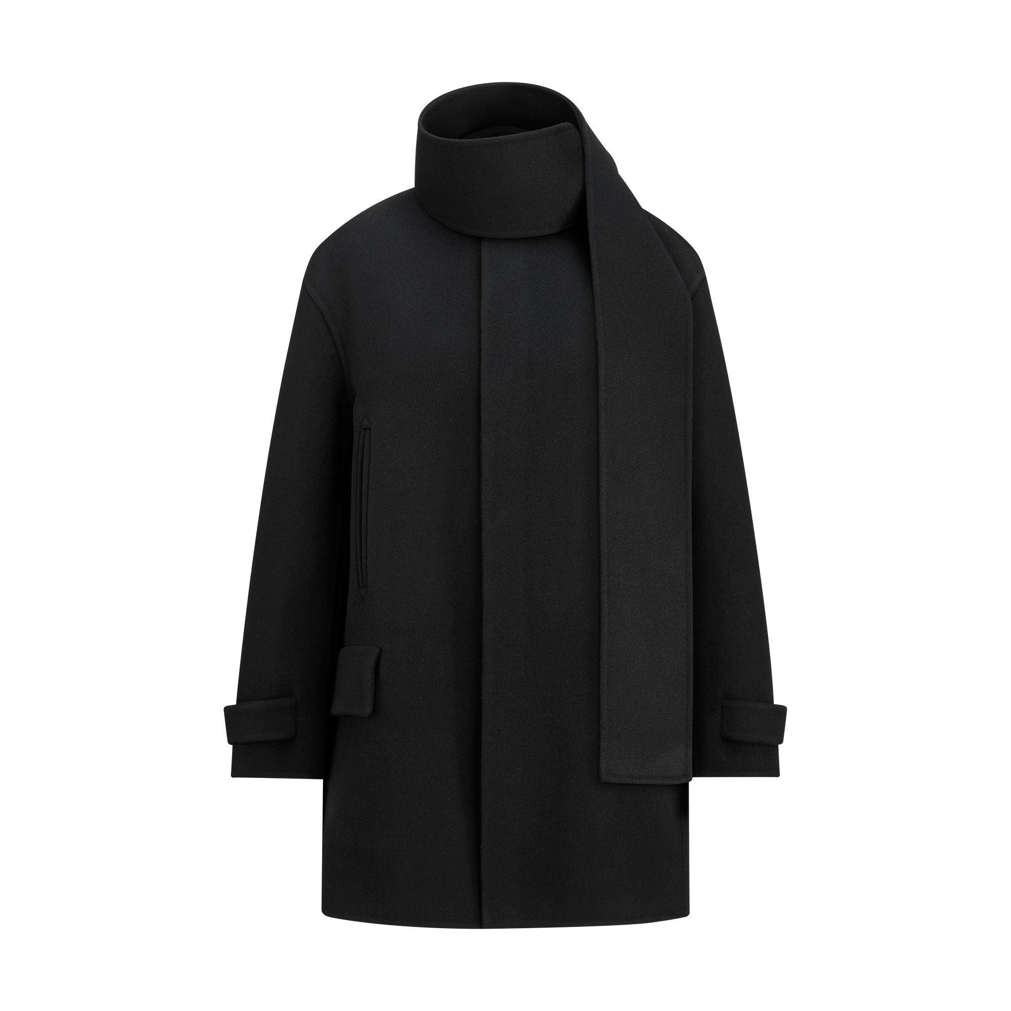 Coat with Scarf Collar Black Double-Sided Virgin Wool and Cashmere E01