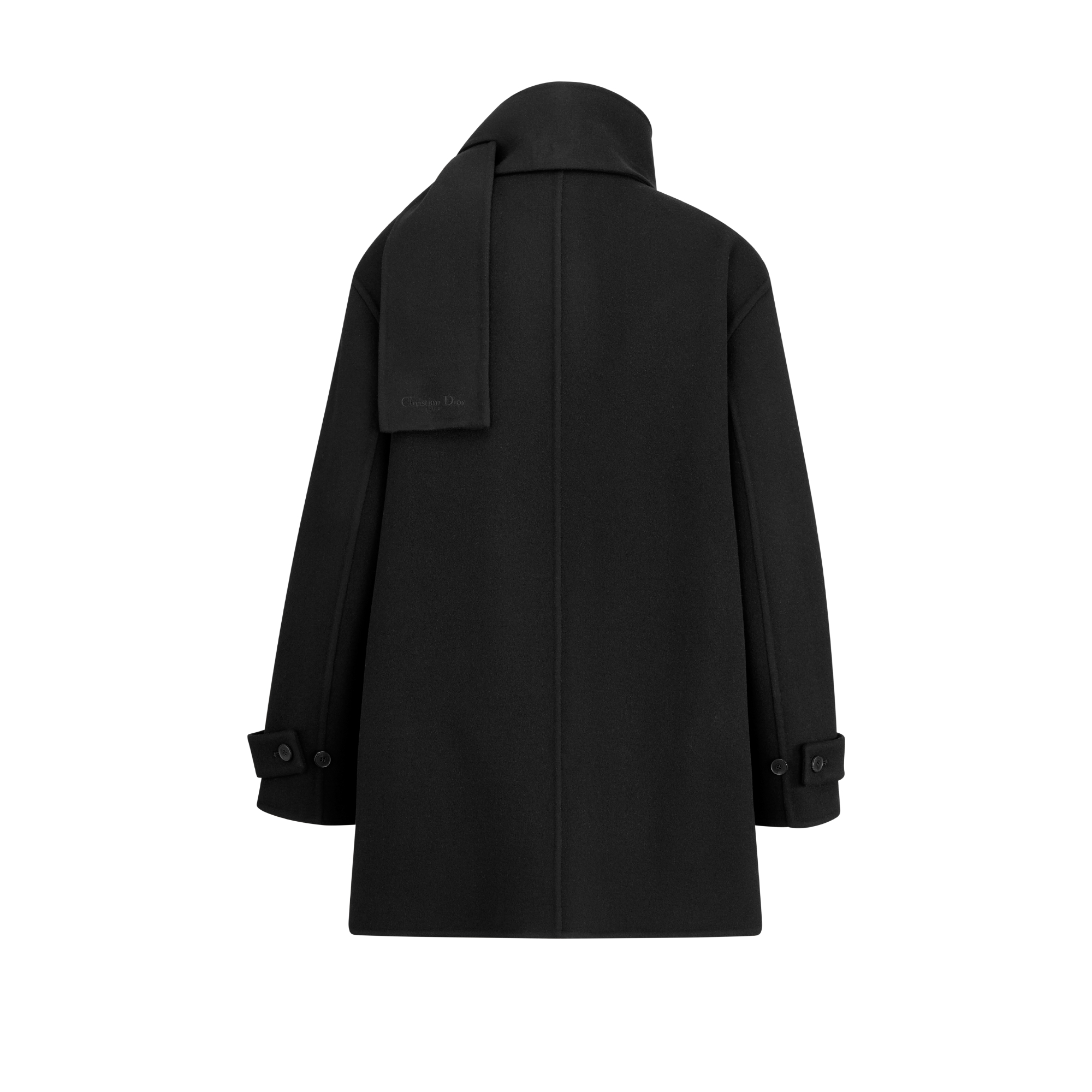Coat with Scarf Collar Black Double-Sided Virgin Wool and Cashmere E08