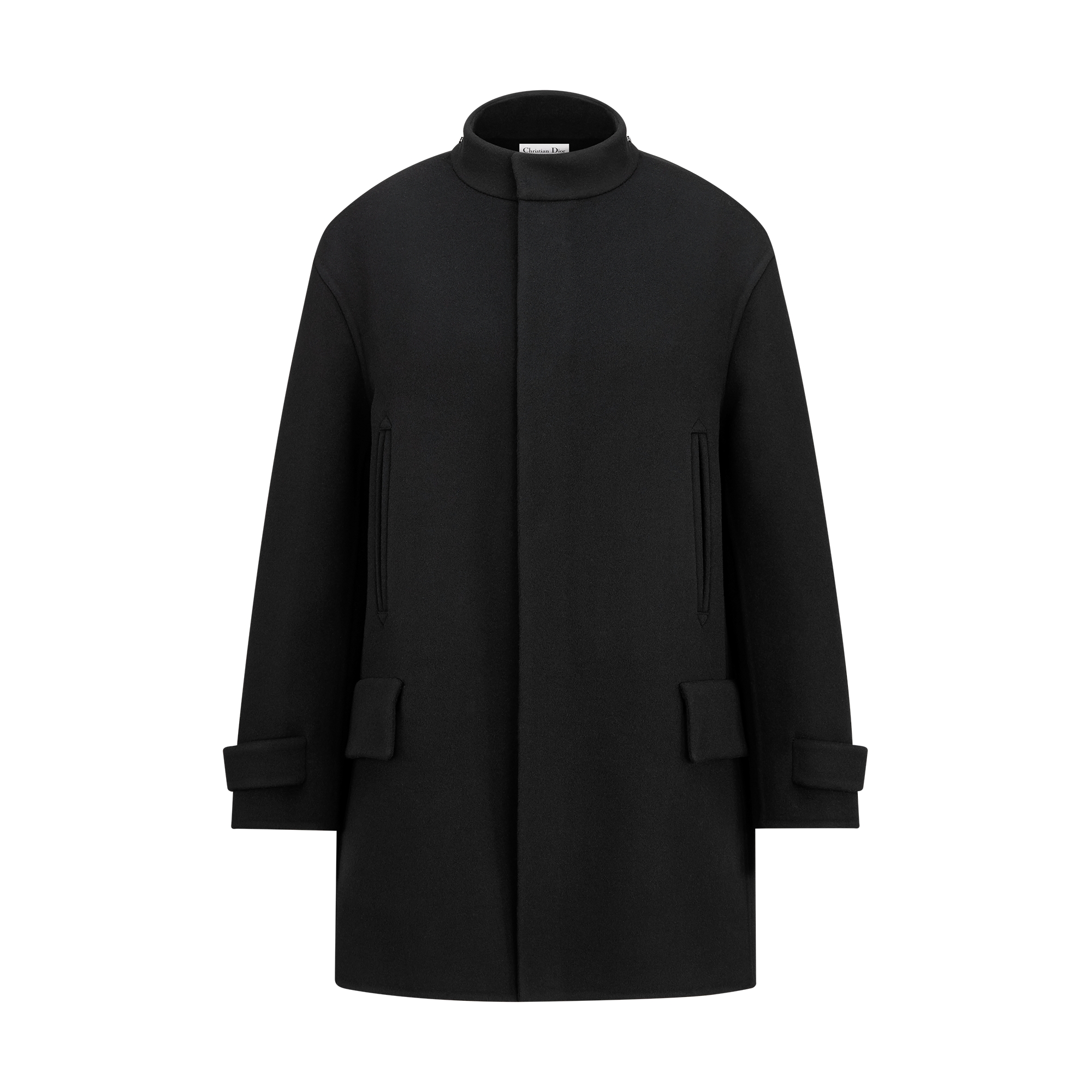 Coat with Scarf Collar Black Double-Sided Virgin Wool and Cashmere E09