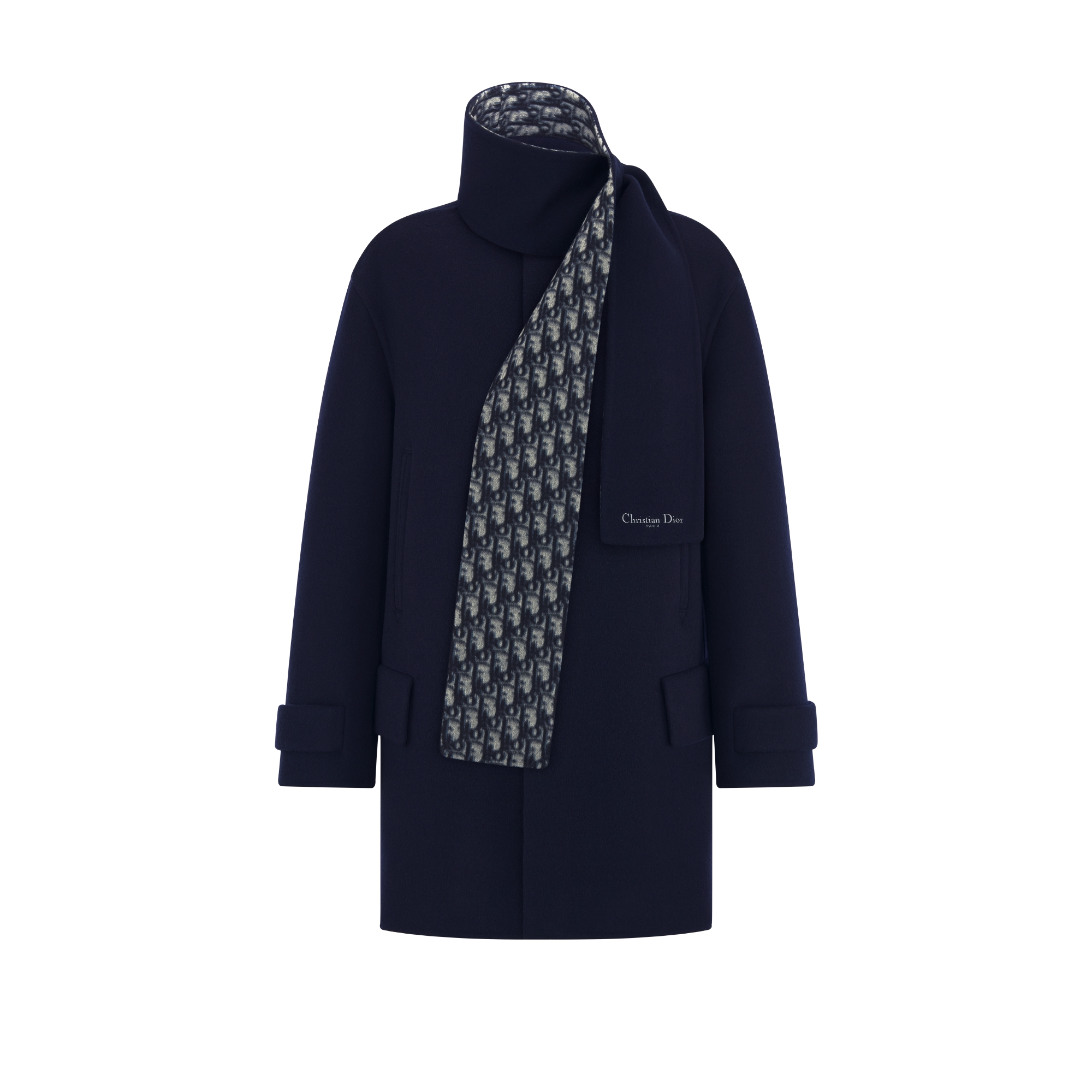 Coat with Scarf Collar Navy Blue Double-Sided Virgin Wool and Silk E01