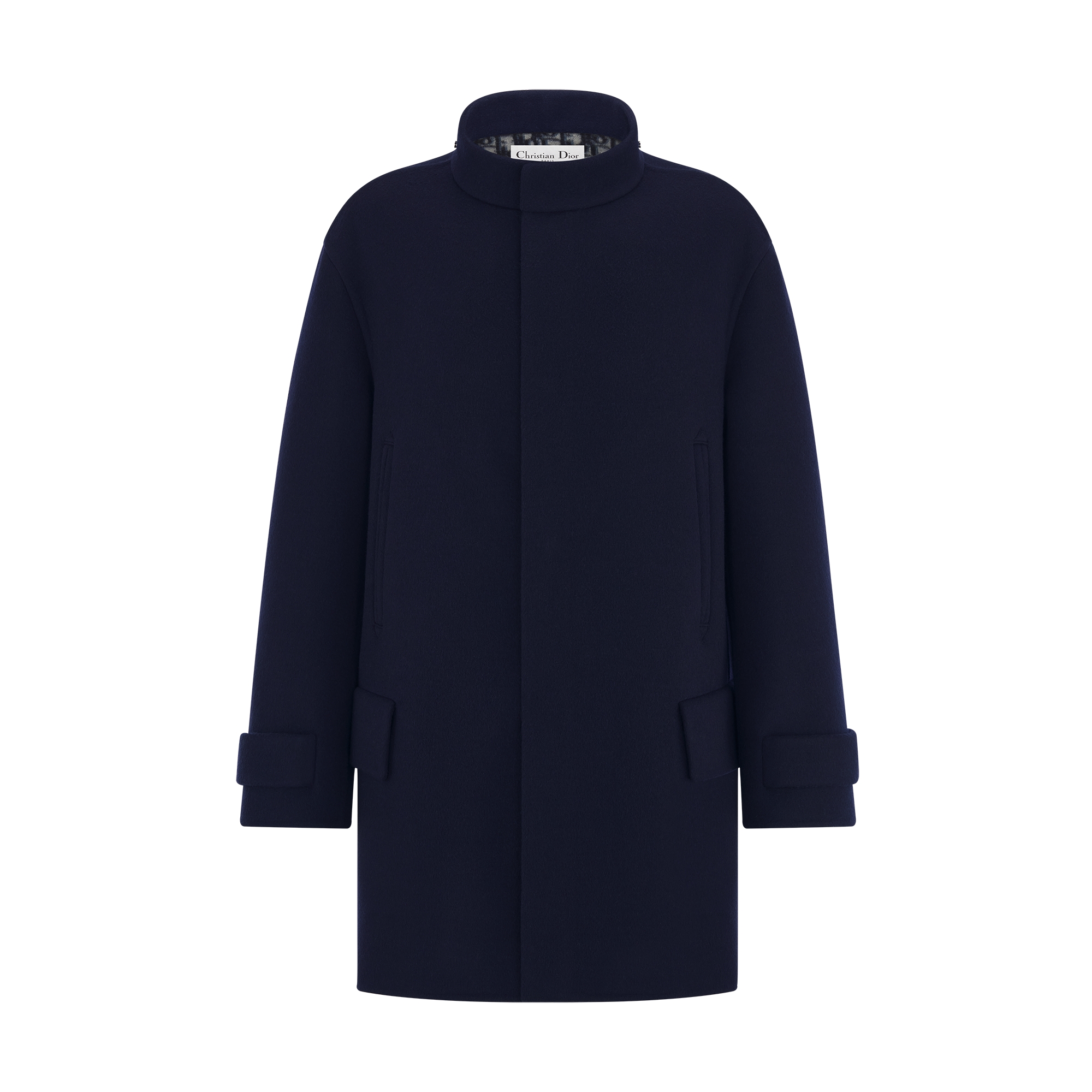 Coat with Scarf Collar Navy Blue Double-Sided Virgin Wool and Silk E09