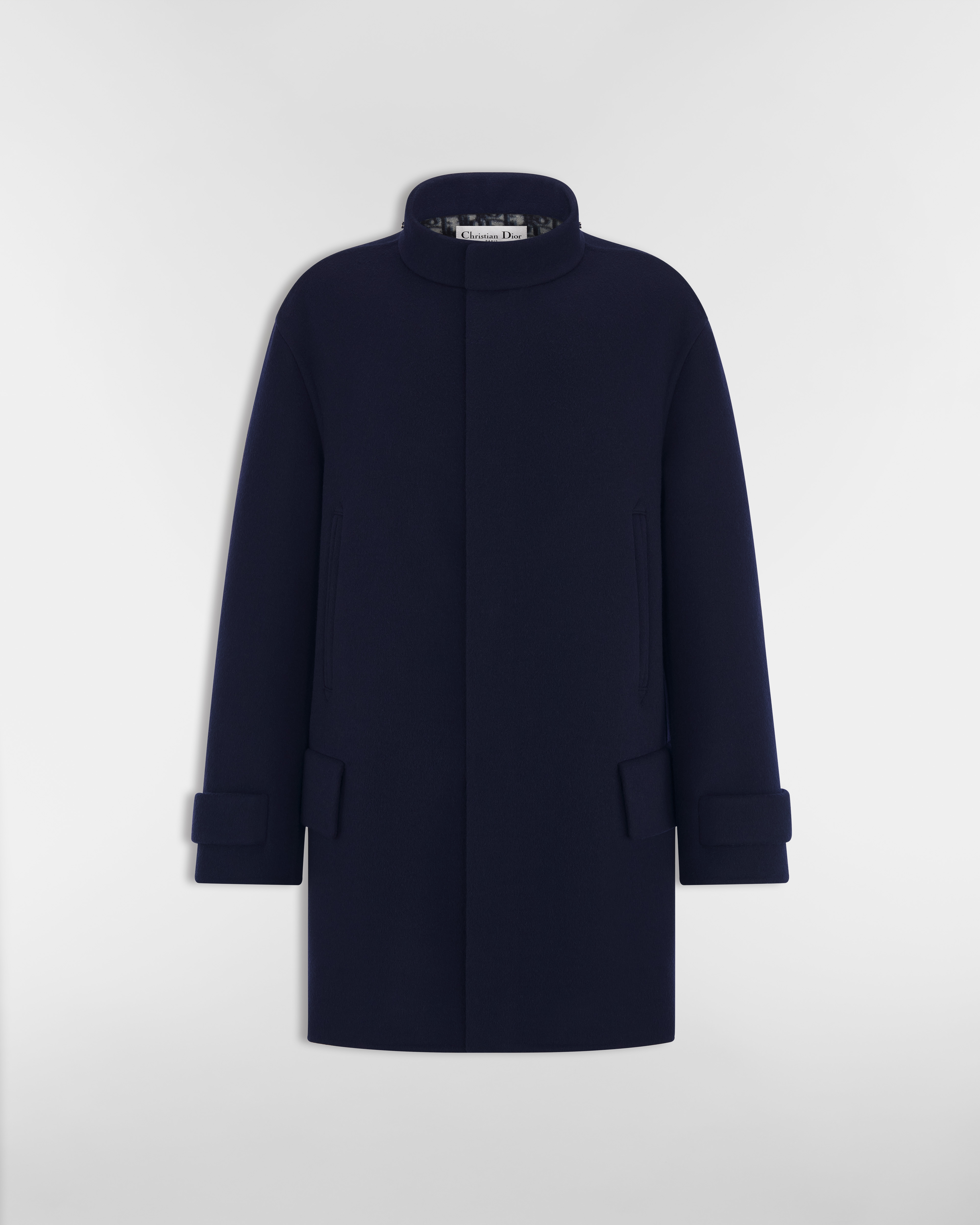 Coat with Scarf Collar Navy Blue Double-Sided Virgin Wool and Silk E09