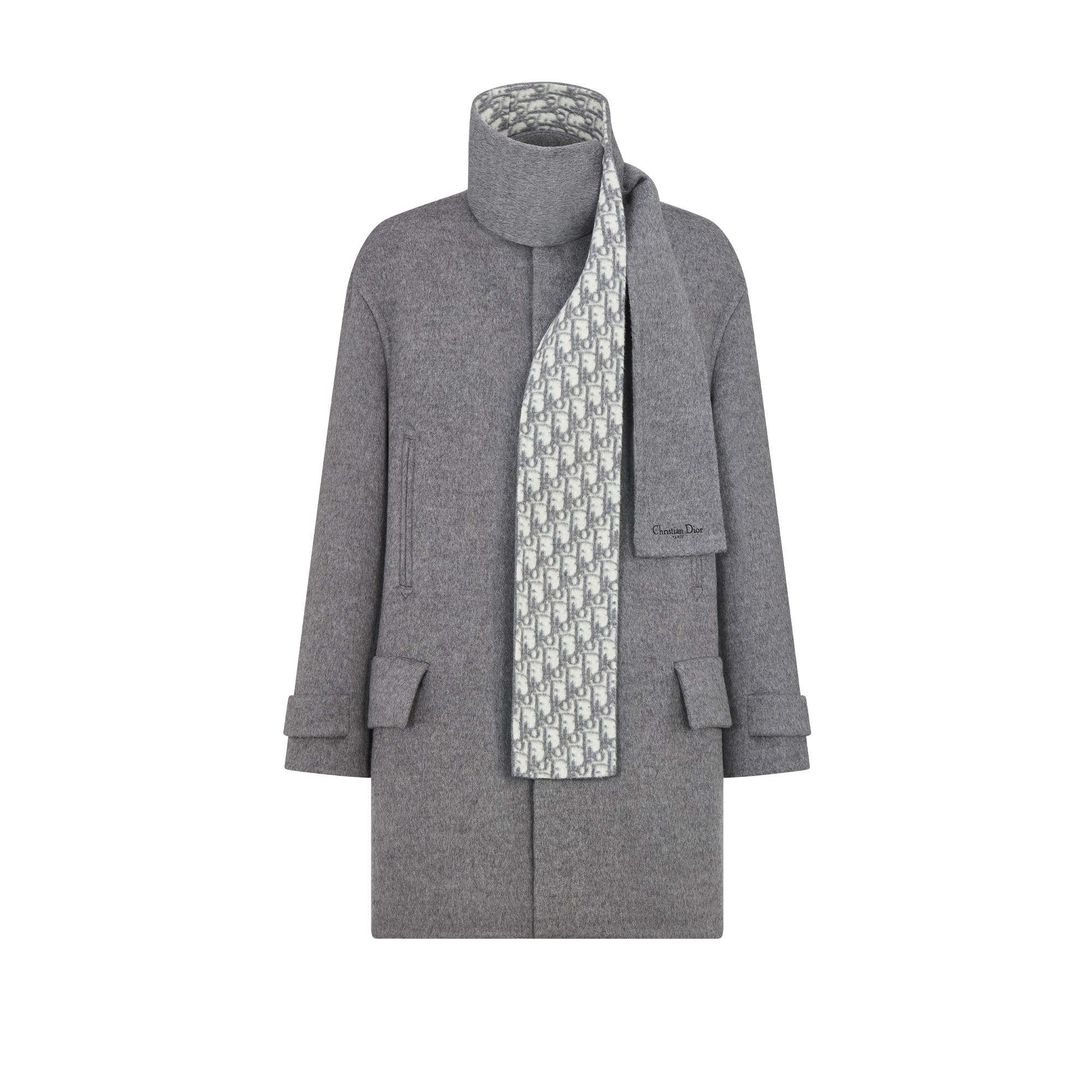 Peacoat with Scarf Collar Gray Virgin Wool and Silk E01
