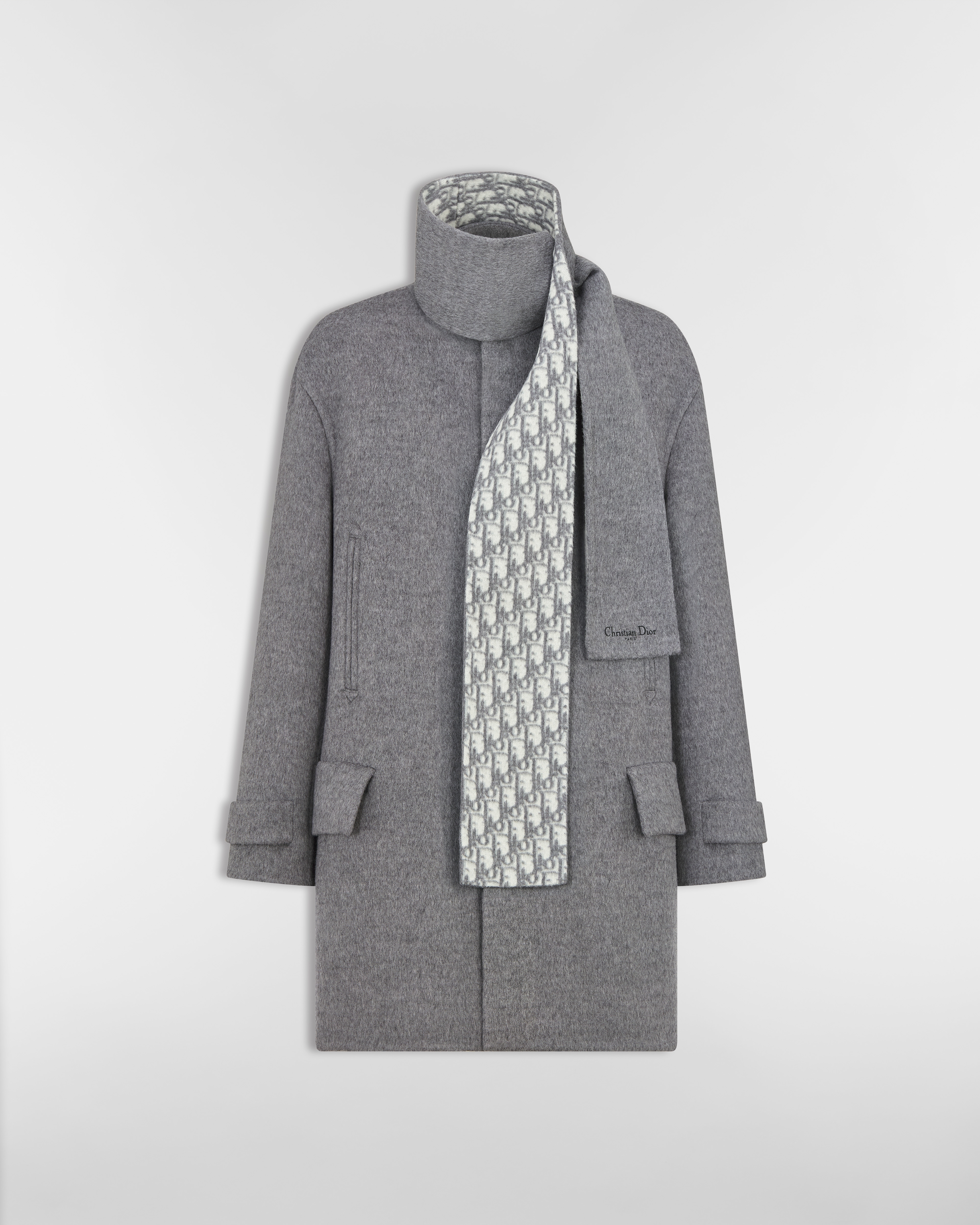 Peacoat with Scarf Collar Gray Virgin Wool and Silk E01