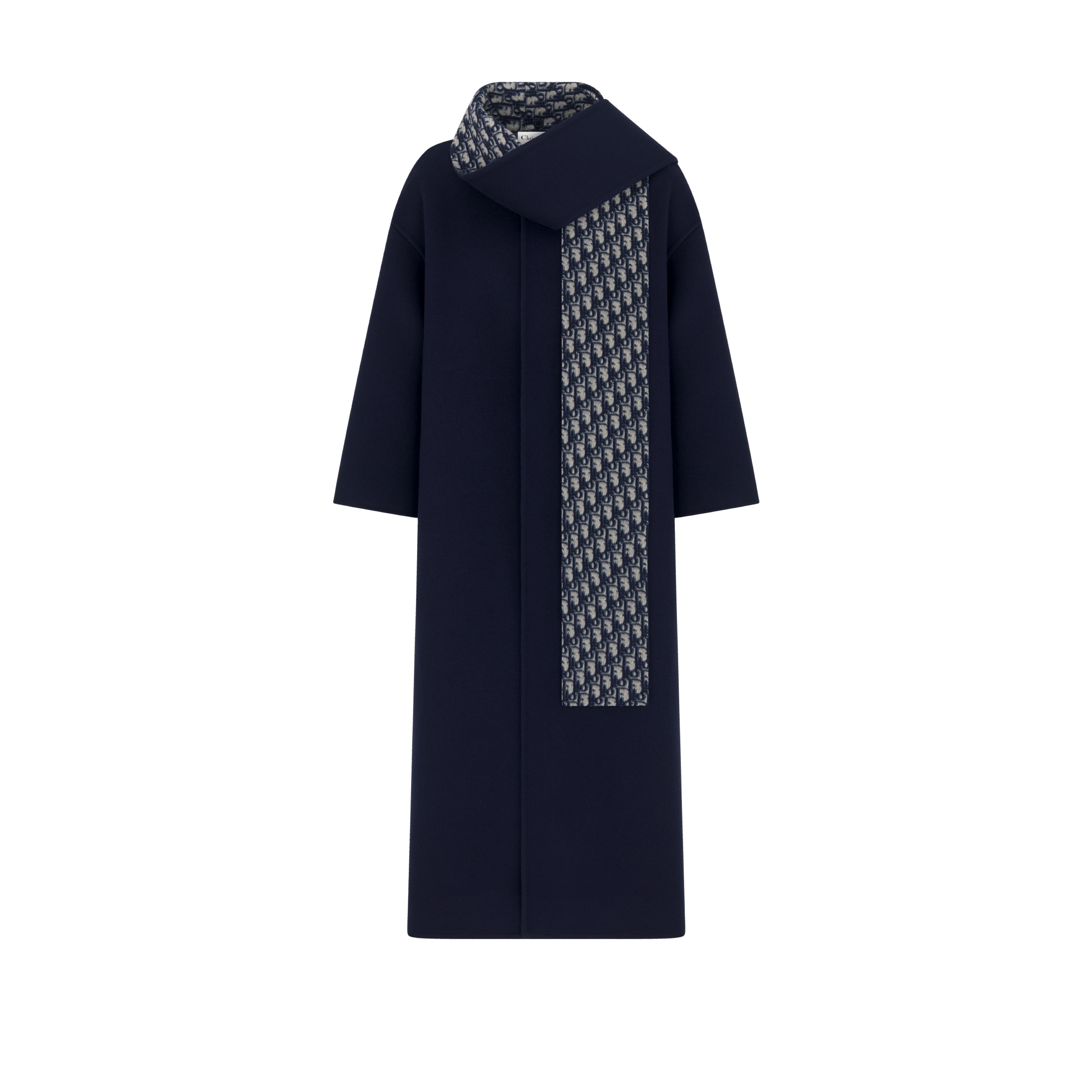 Coat with Scarf Collar Navy Blue Double-Sided Virgin Wool and Silk E01