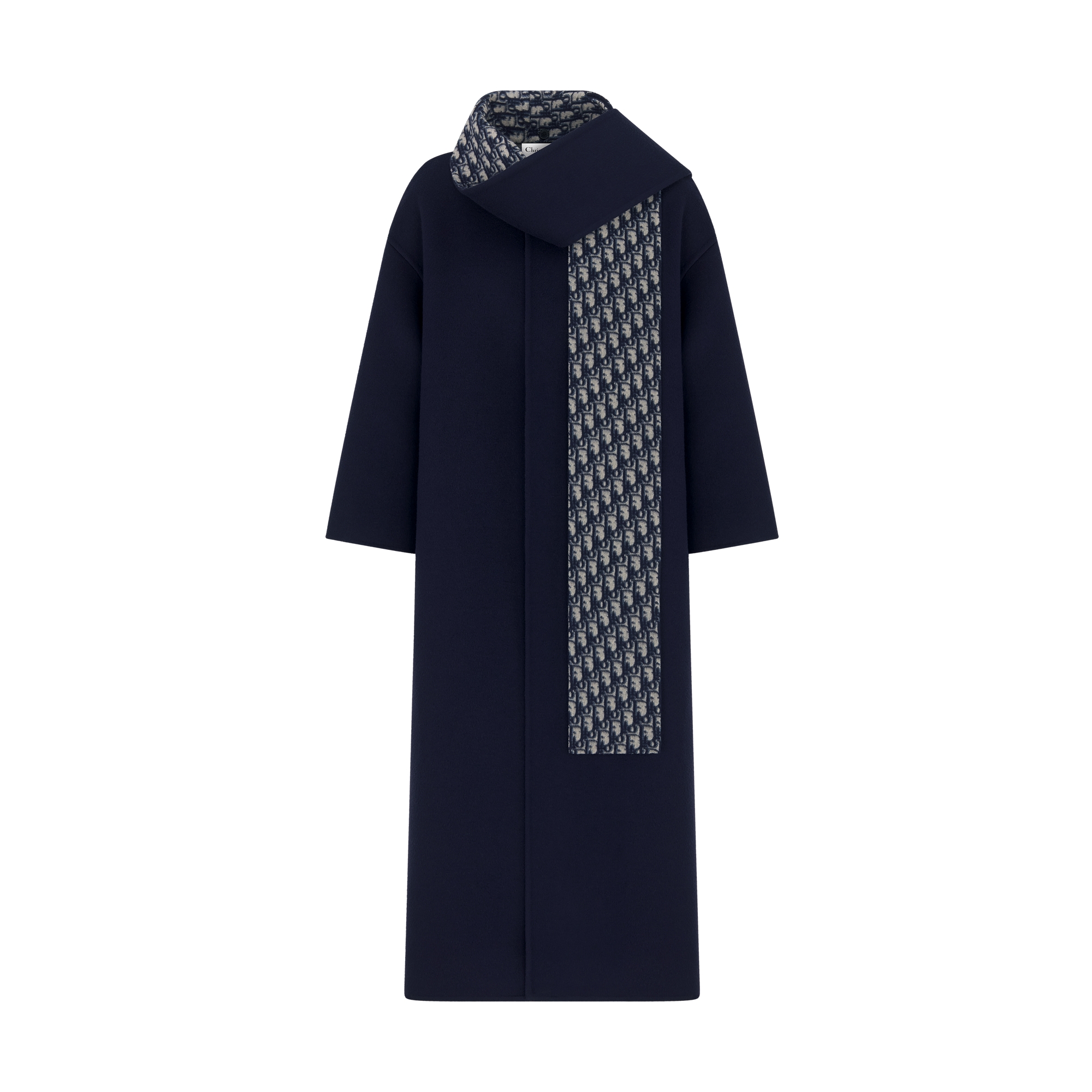 Coat with Scarf Collar Navy Blue Double-Sided Virgin Wool and Silk