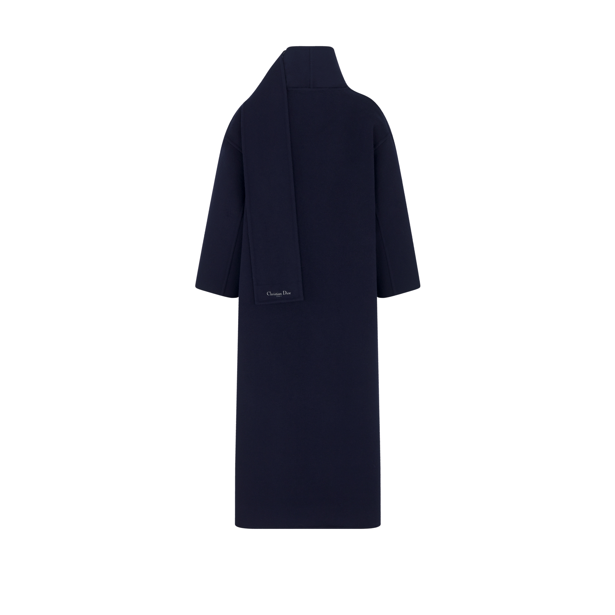 Coat with Scarf Collar Navy Blue Double-Sided Virgin Wool and Silk