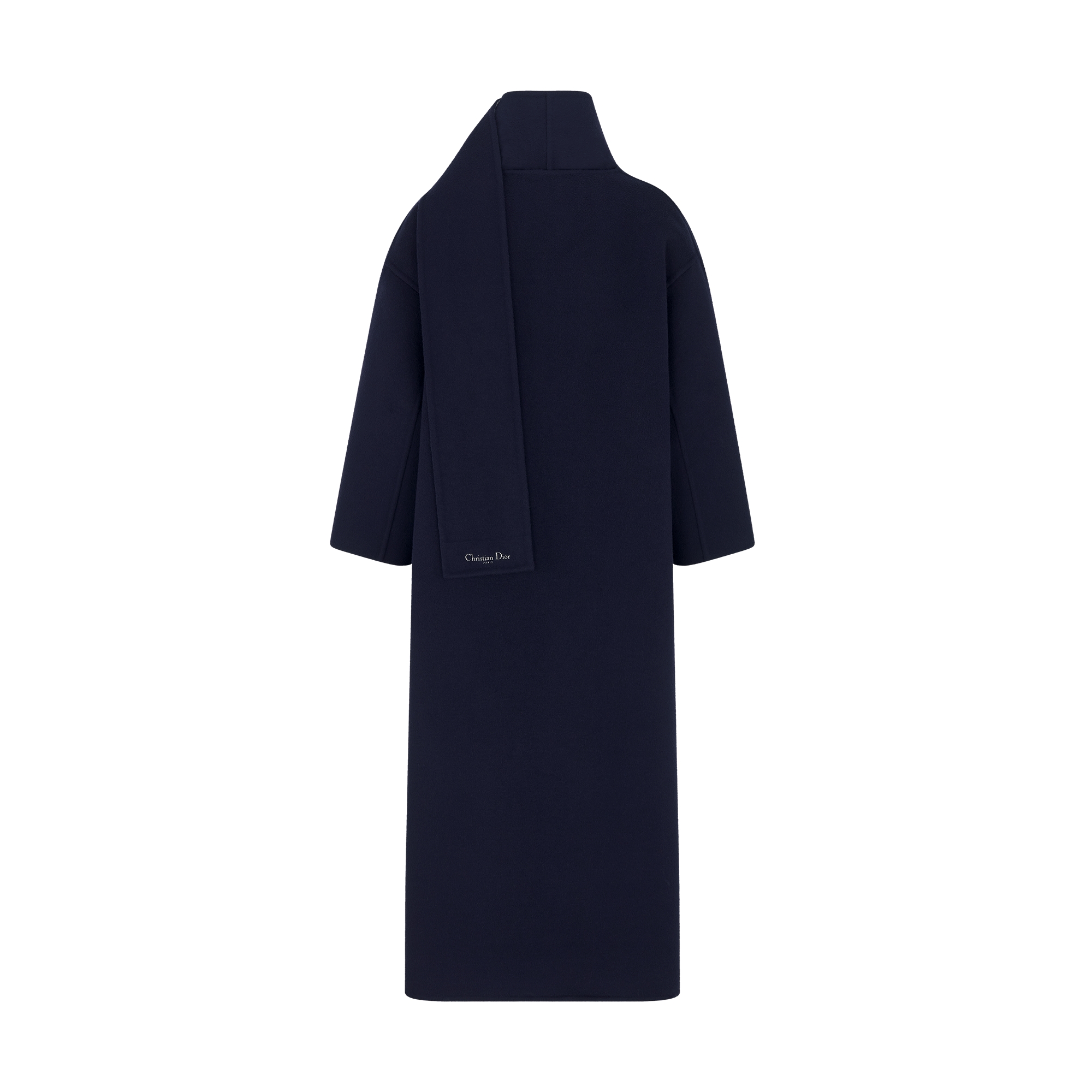 Coat with Scarf Collar Navy Blue Double-Sided Virgin Wool and Silk E08