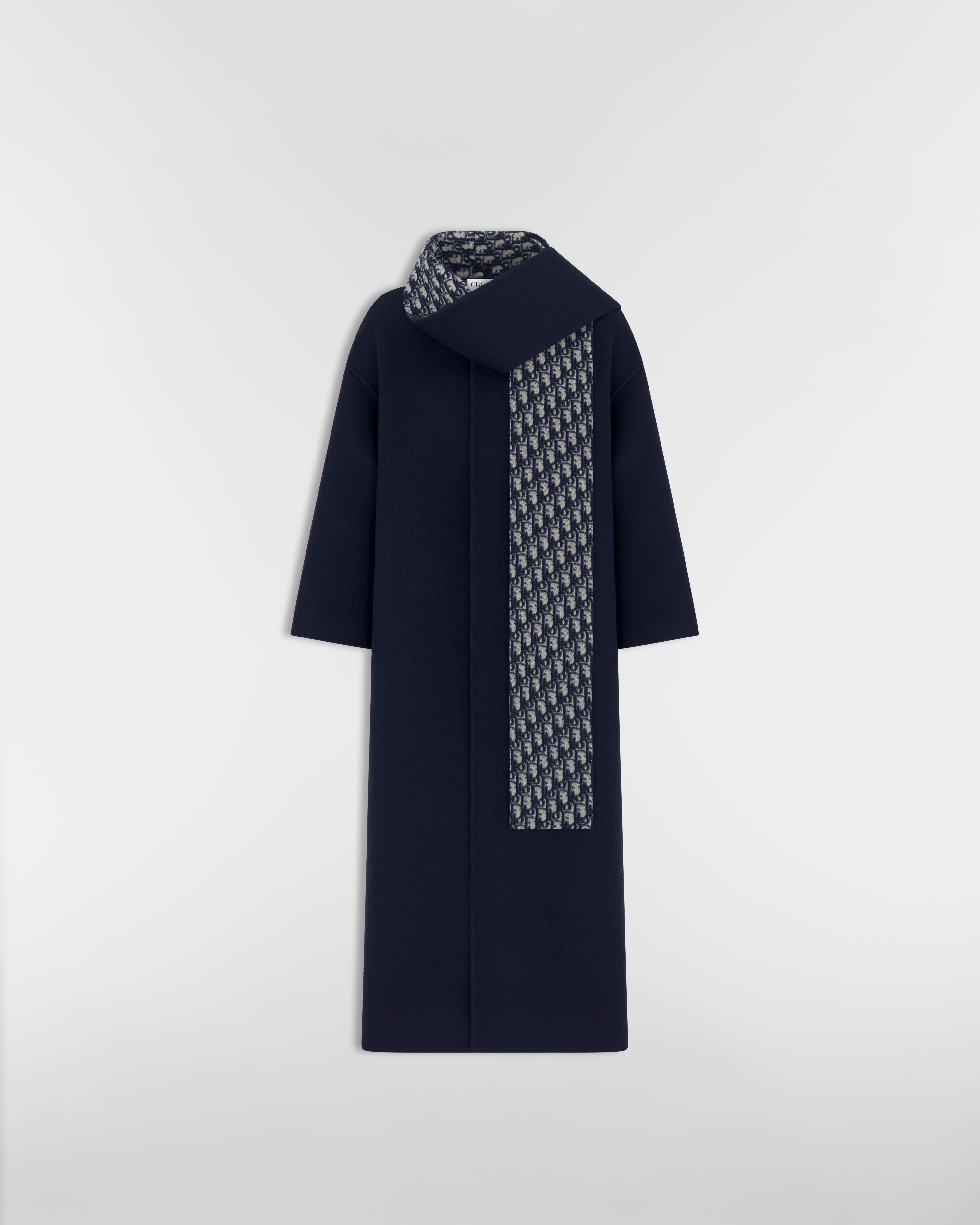 Coat with Scarf Collar Navy Blue Double-Sided Virgin Wool and Silk E01