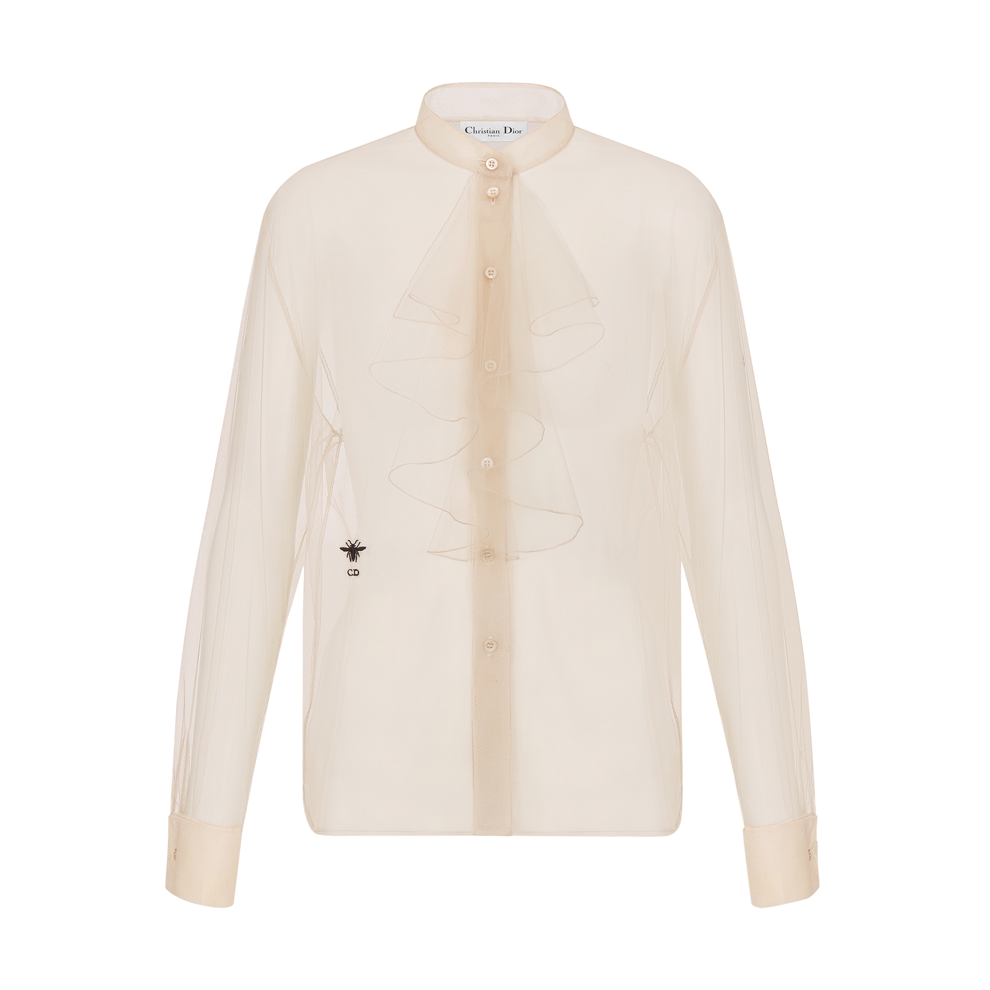 Blouse with Ruffled Neckline Beige Tulle E01