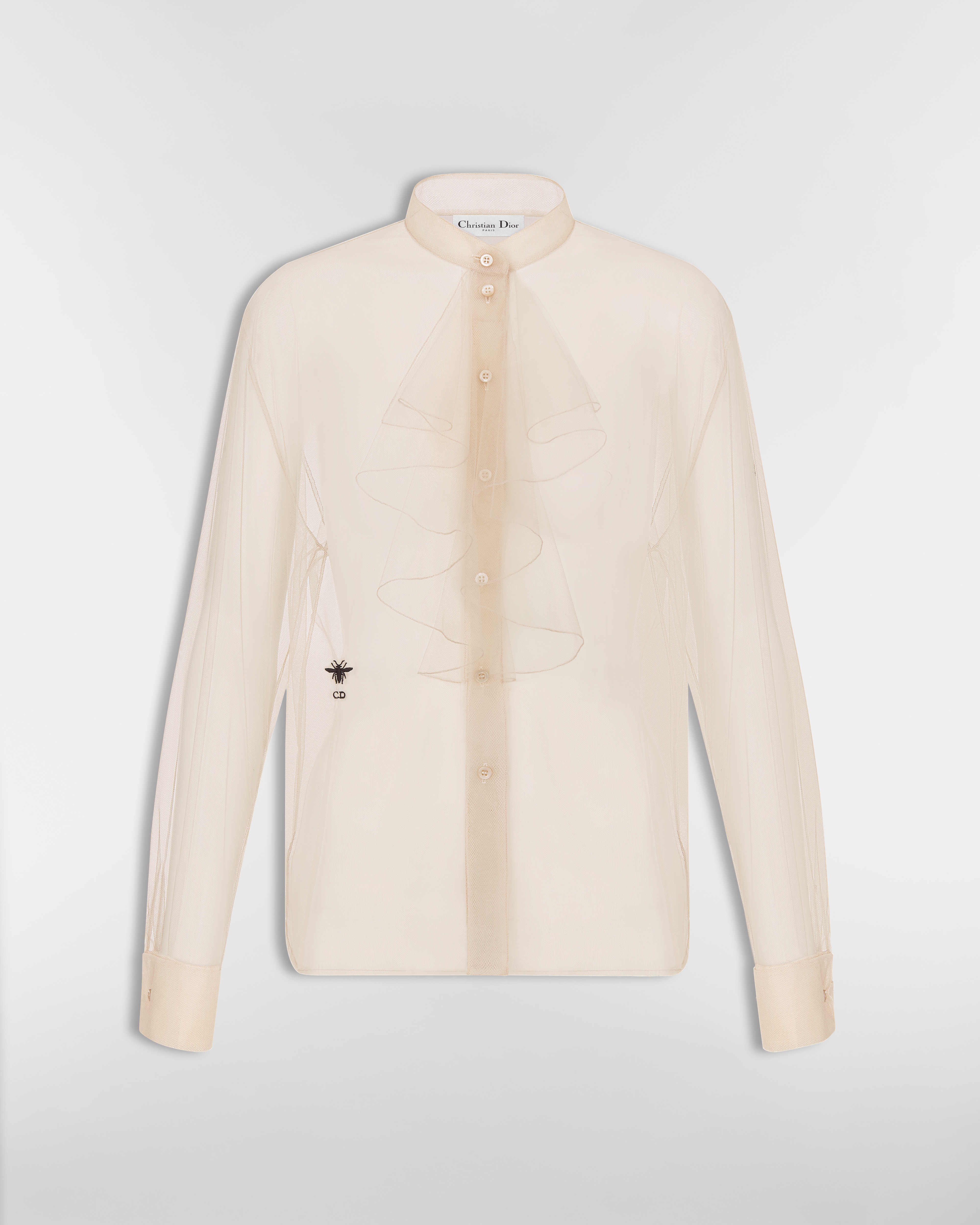 Blouse with Ruffled Neckline Beige Tulle E01