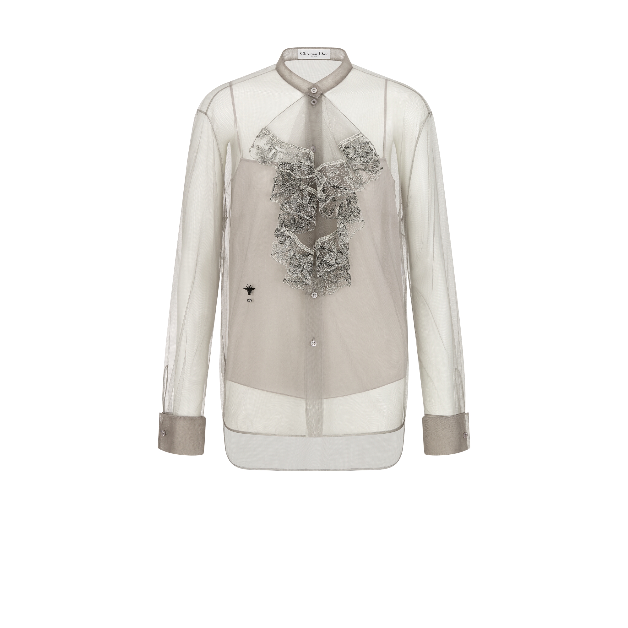 Blouse with Ruffled Neckline Gray Millefiori Technical Tulle and Lace E01