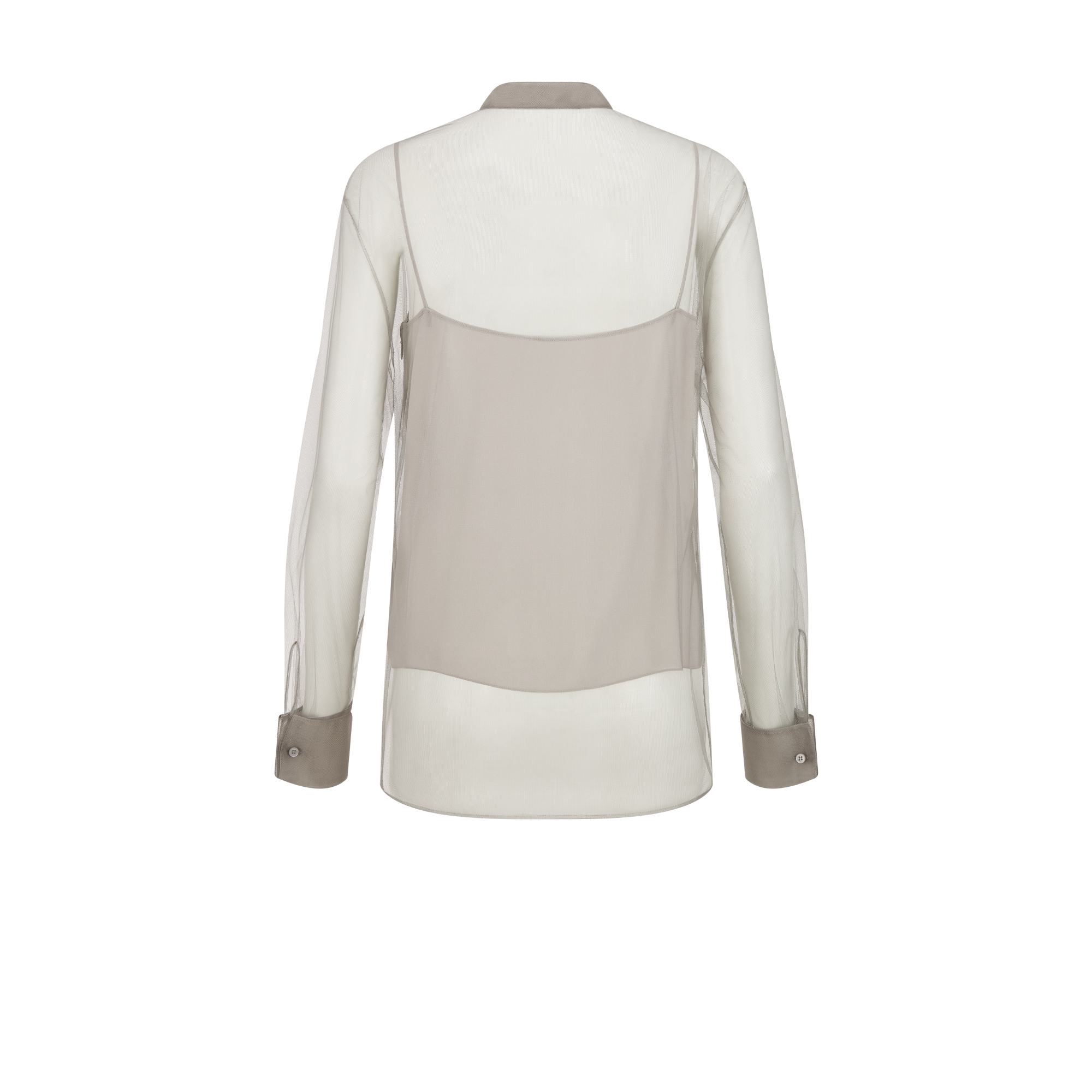 เสื้อเบลาส์พร้อมคอเสื้อแต่งระบาย ผ้าทูลล์เทคนิคัลลาย Millefiori และลูกไม้สีเทา E08