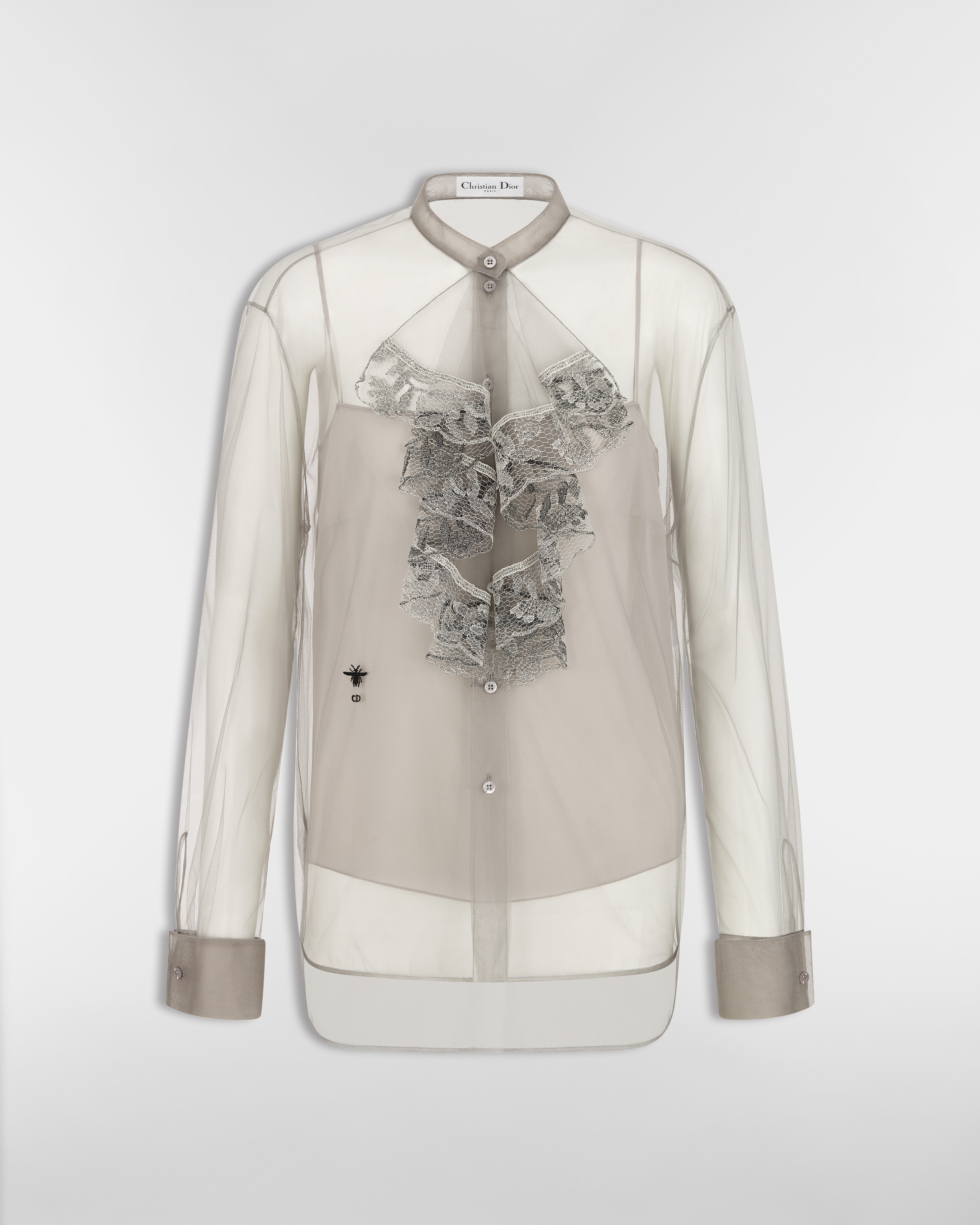 Blouse with Ruffled Neckline Gray Millefiori Technical Tulle and Lace E01