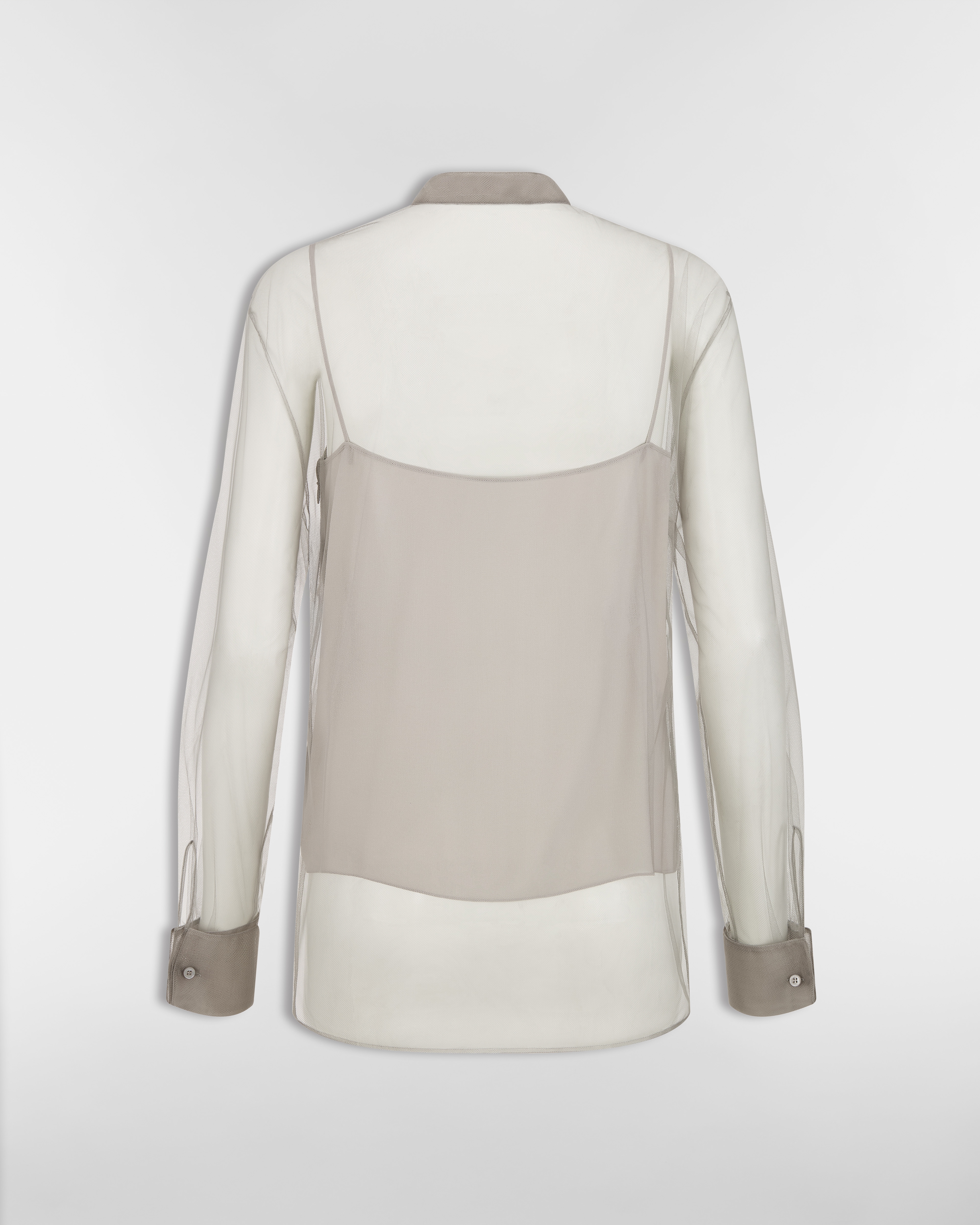 Blouse with Ruffled Neckline Gray Millefiori Technical Tulle and Lace E08