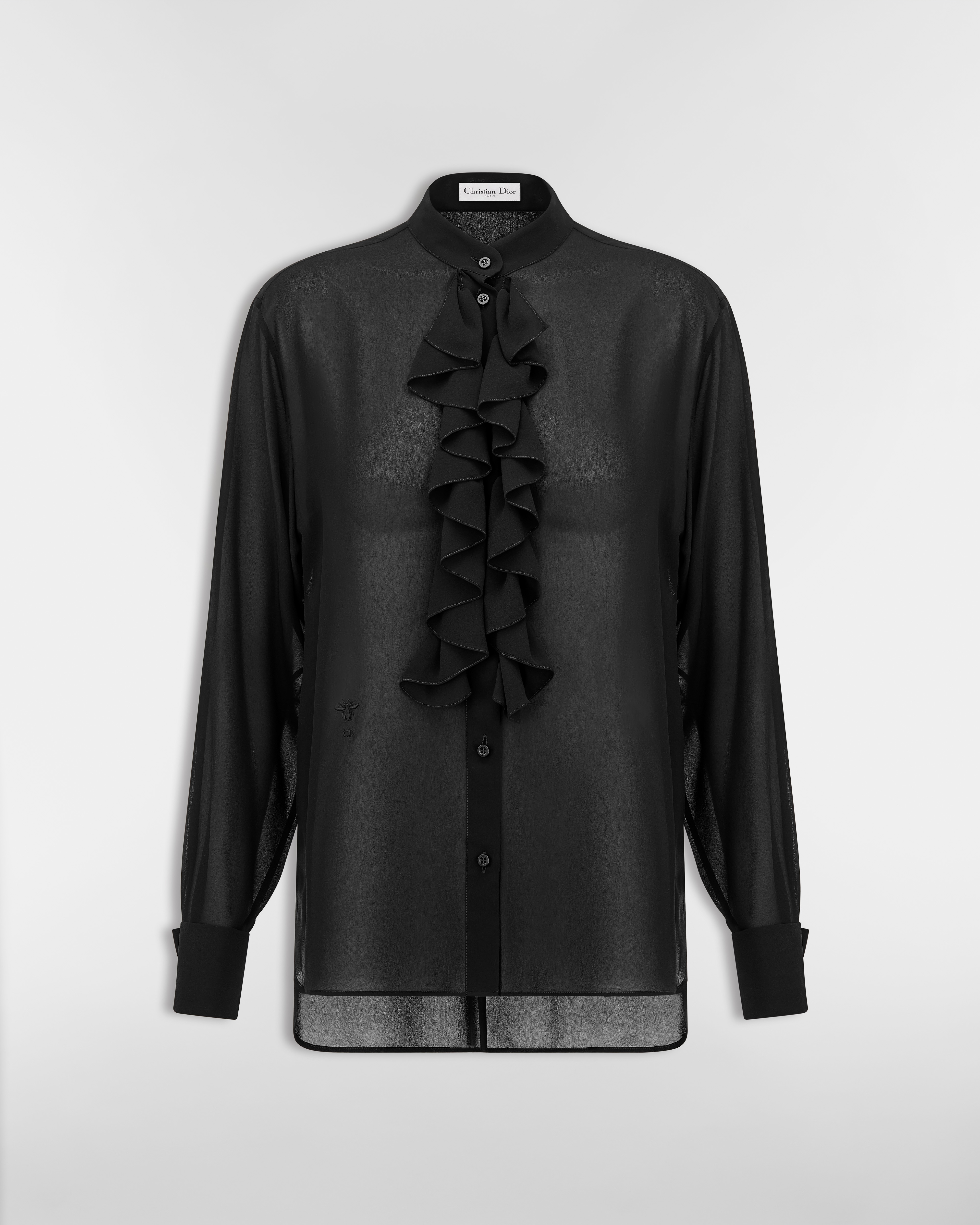 Blusa con cuello con volantes Georgette de seda negra E01