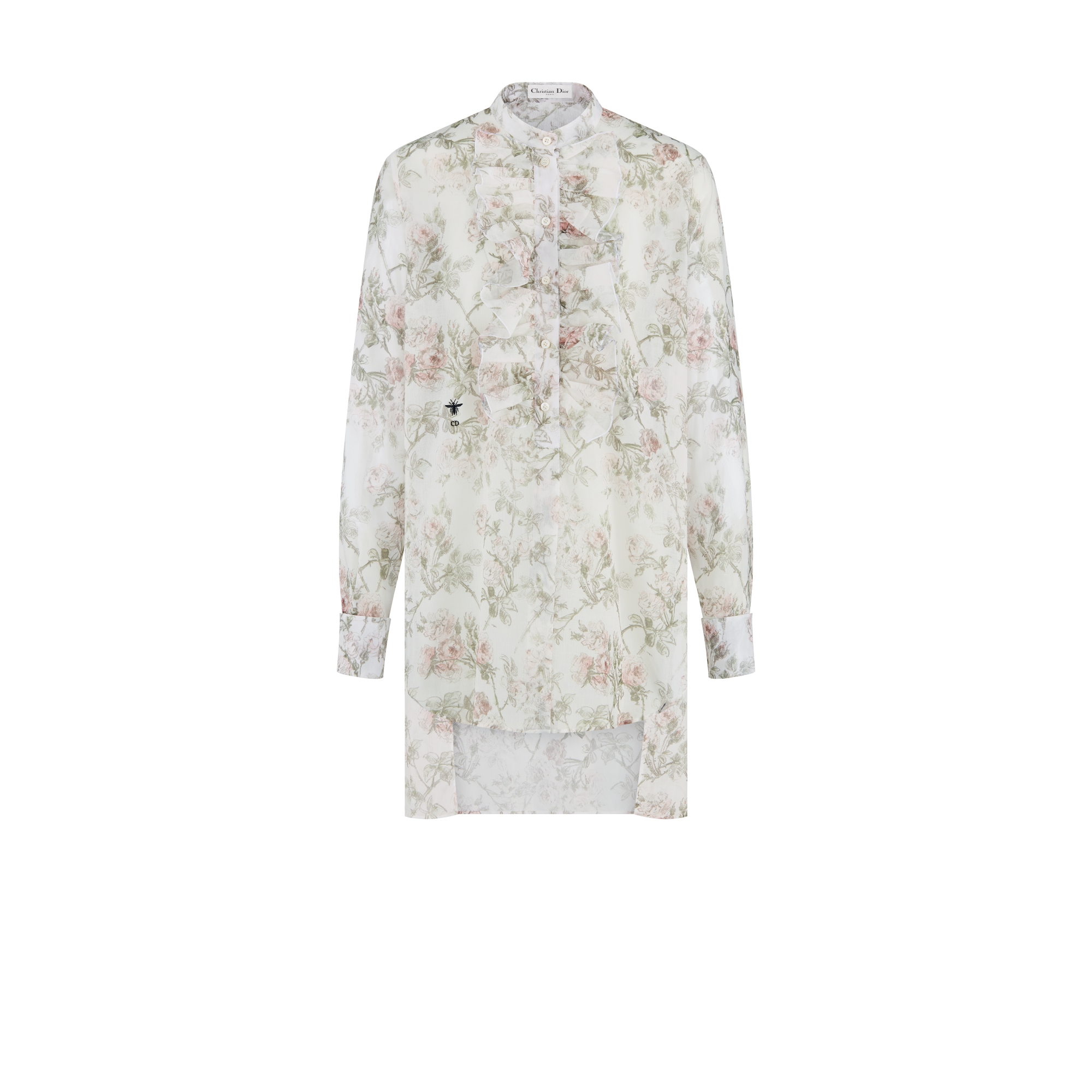 Blouse White Cotton Muslin with Multicolor Rosier de Dior Motif E01