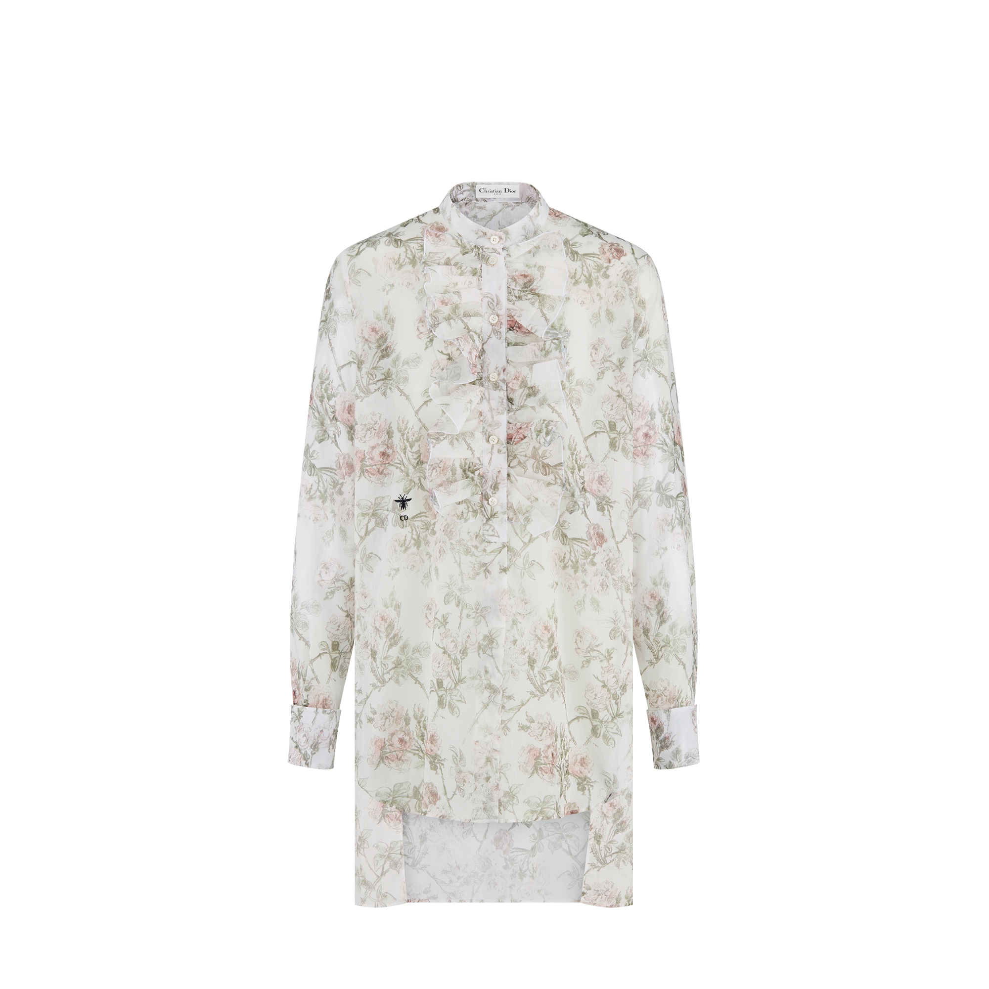 Blouse White Cotton Muslin with Multicolor Rosier de Dior Motif E01