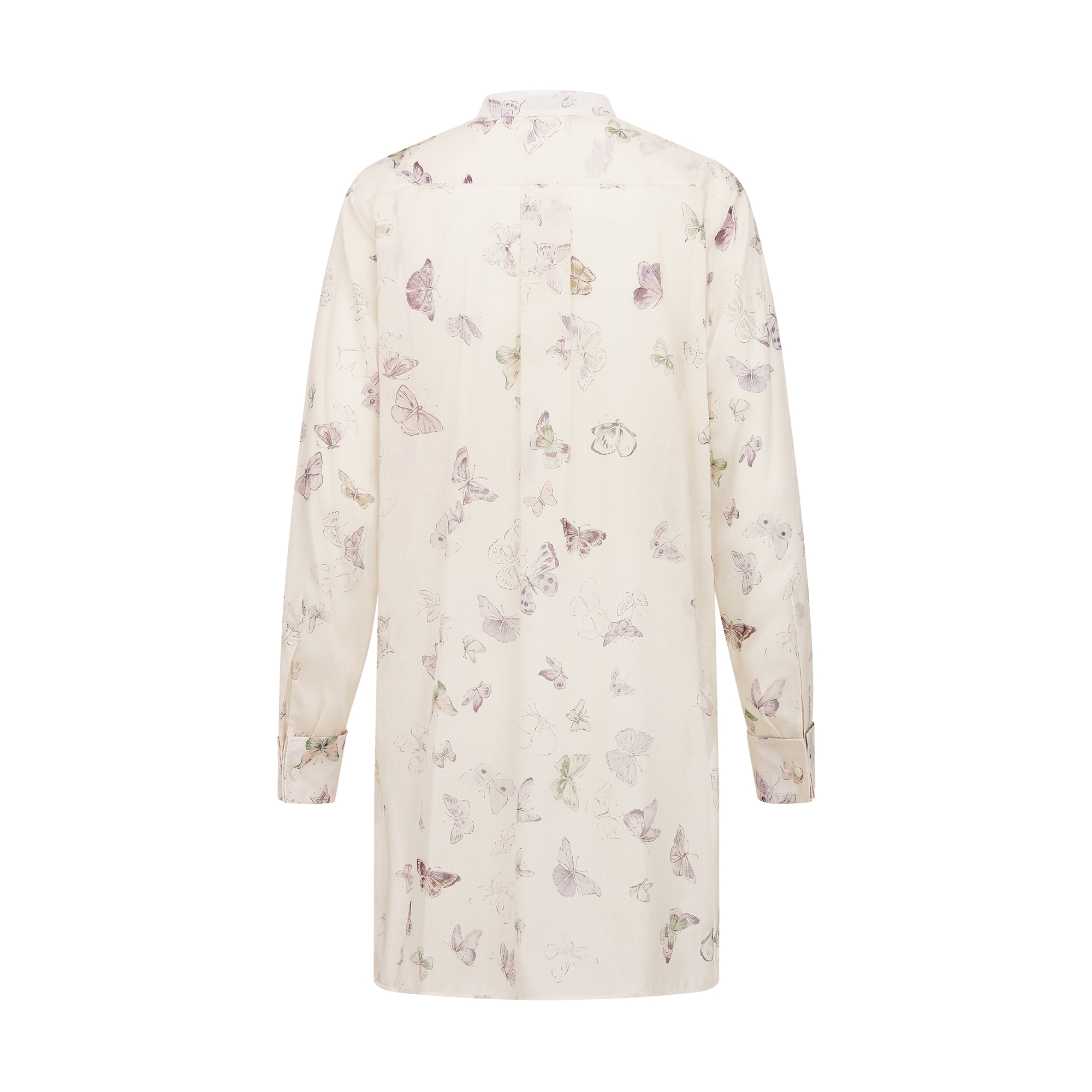 Blouse with Ruffled Neckline Beige Cotton Muslin with Multicolor Butterfly Motif E08