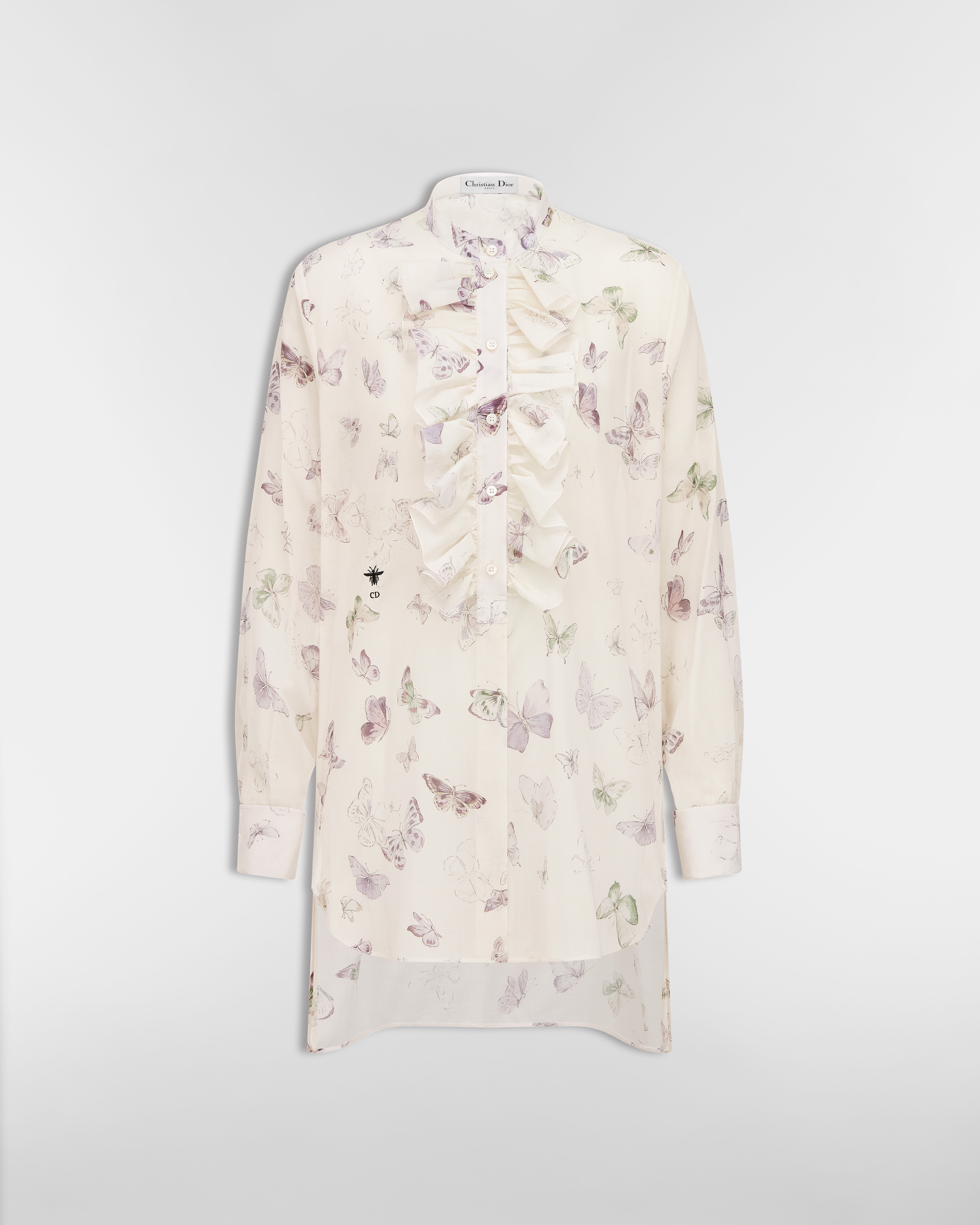 Blouse with Ruffled Neckline Beige Cotton Muslin with Multicolor Butterfly Motif E01