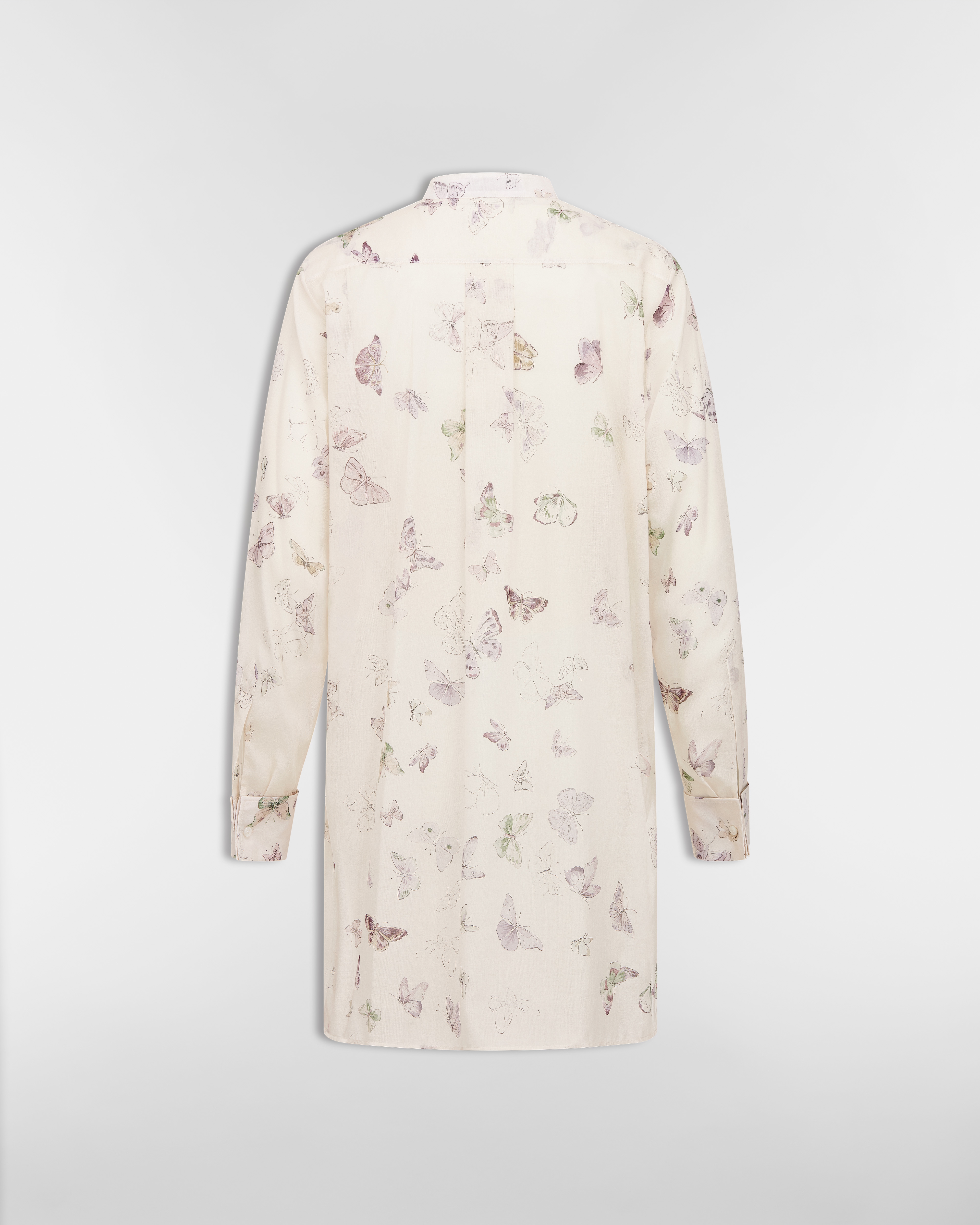 Blouse with Ruffled Neckline Beige Cotton Muslin with Multicolor Butterfly Motif E08