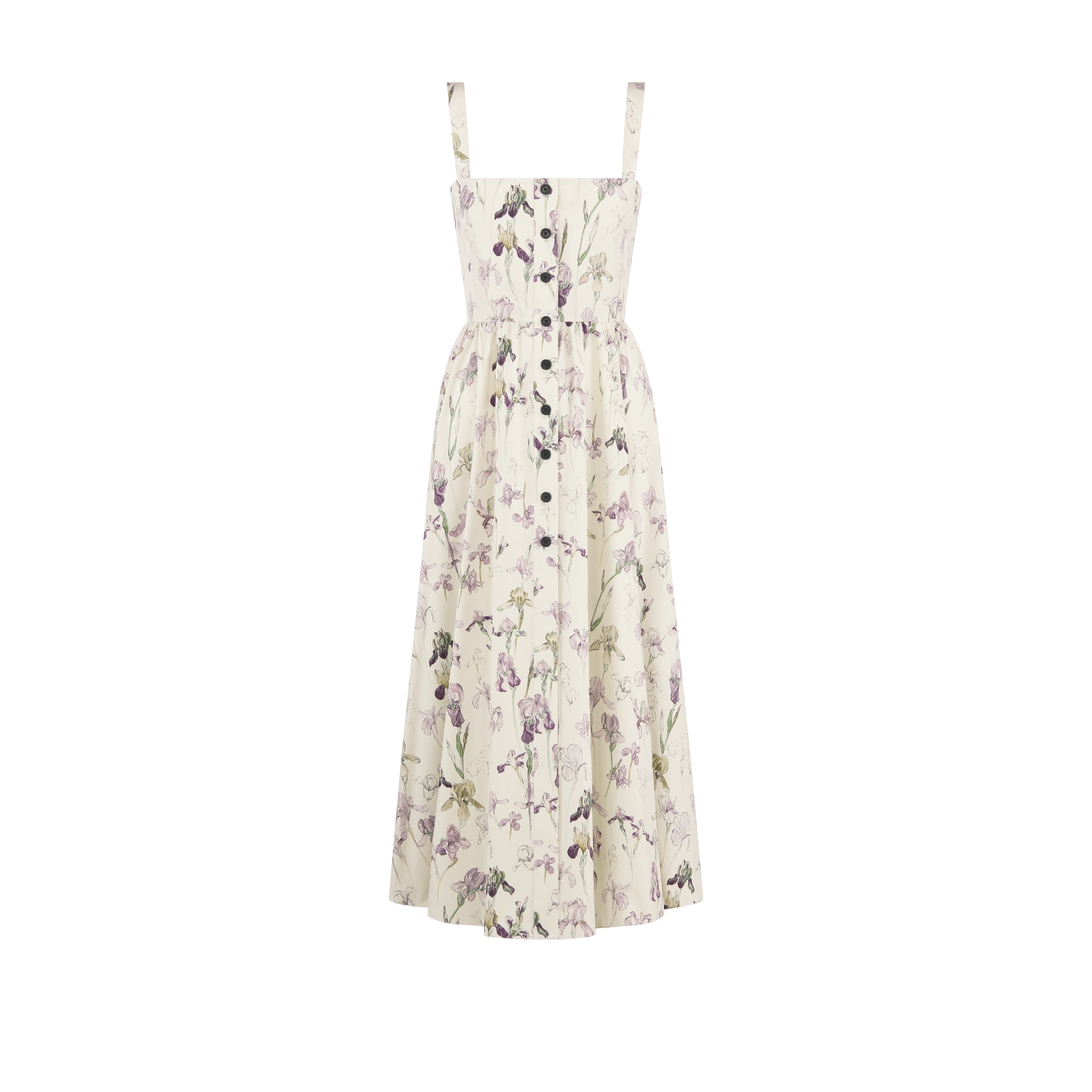 Mid-Length Flared Dress Beige Cotton and Silk Poplin with Multicolor Butterflies & Iris Motif E01