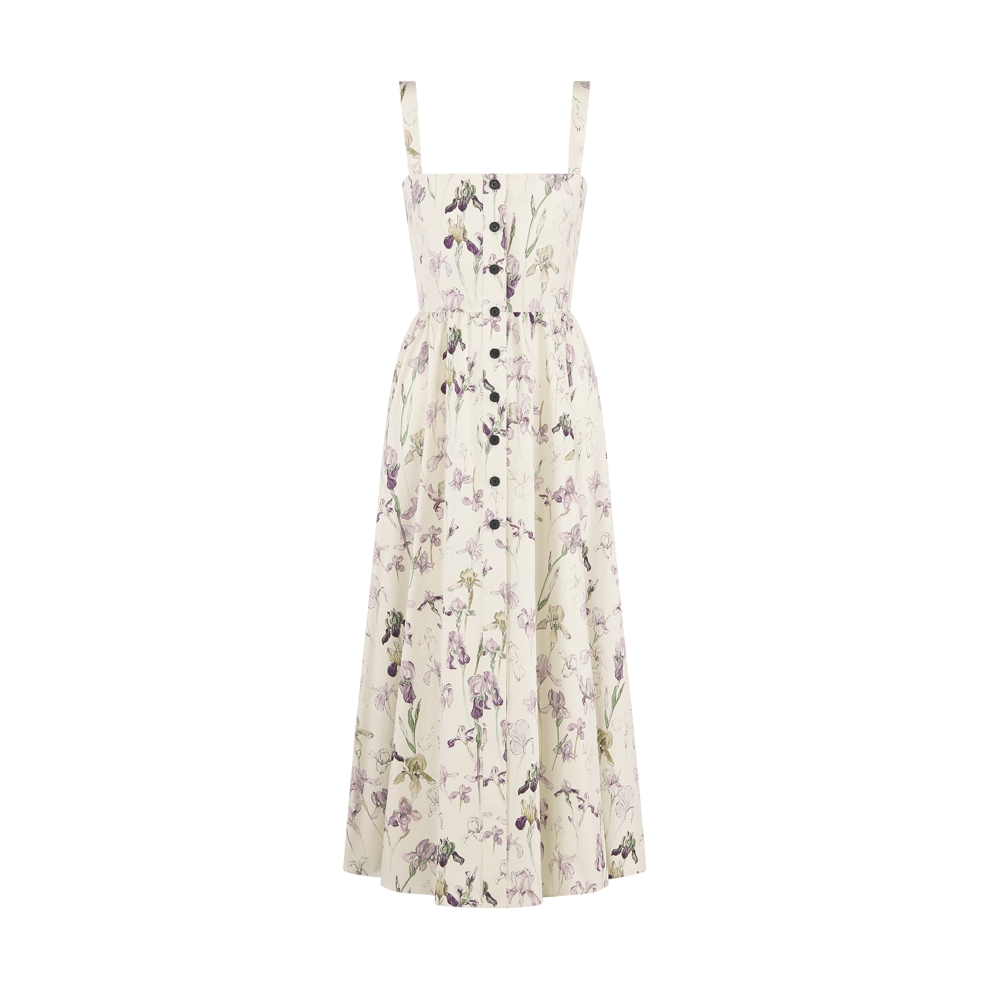 Mid-Length Flared Dress Beige Cotton and Silk Poplin with Multicolor Butterflies & Iris Motif E01