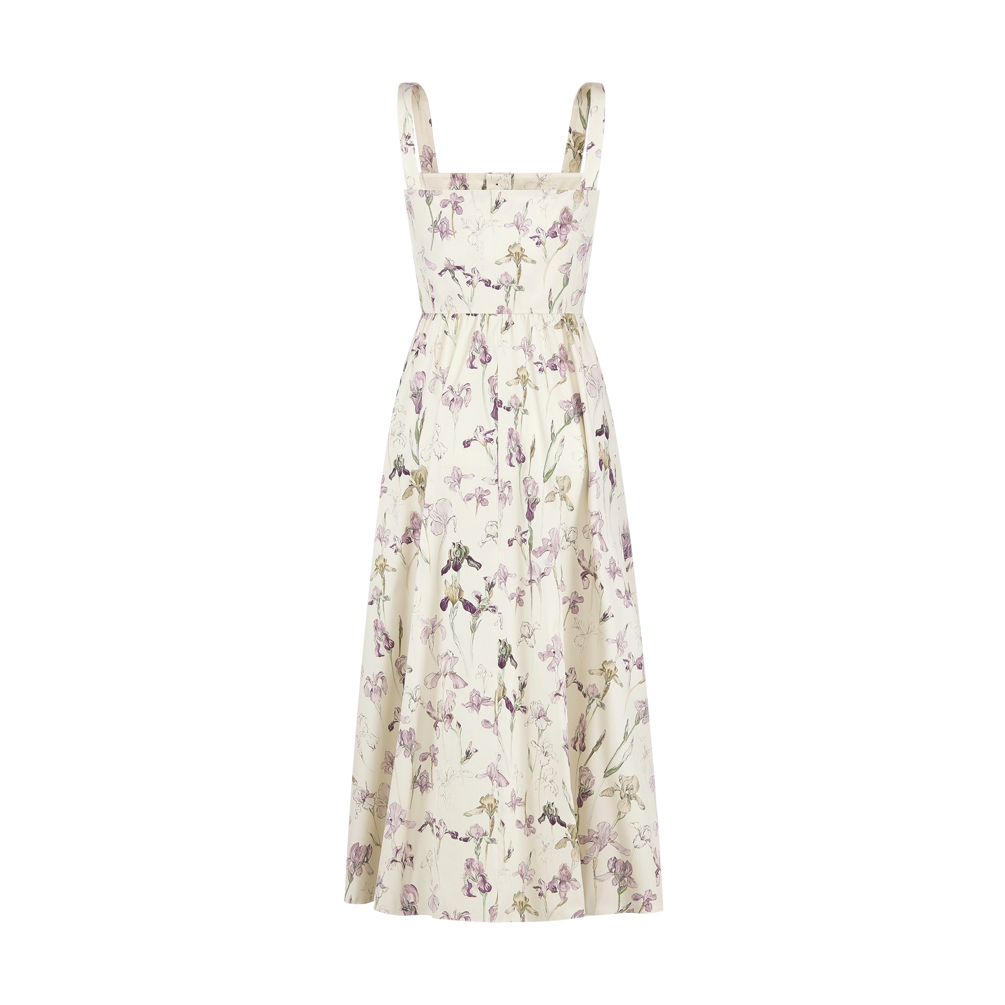 Mid-Length Flared Dress Beige Cotton and Silk Poplin with Multicolor Butterflies & Iris Motif E08