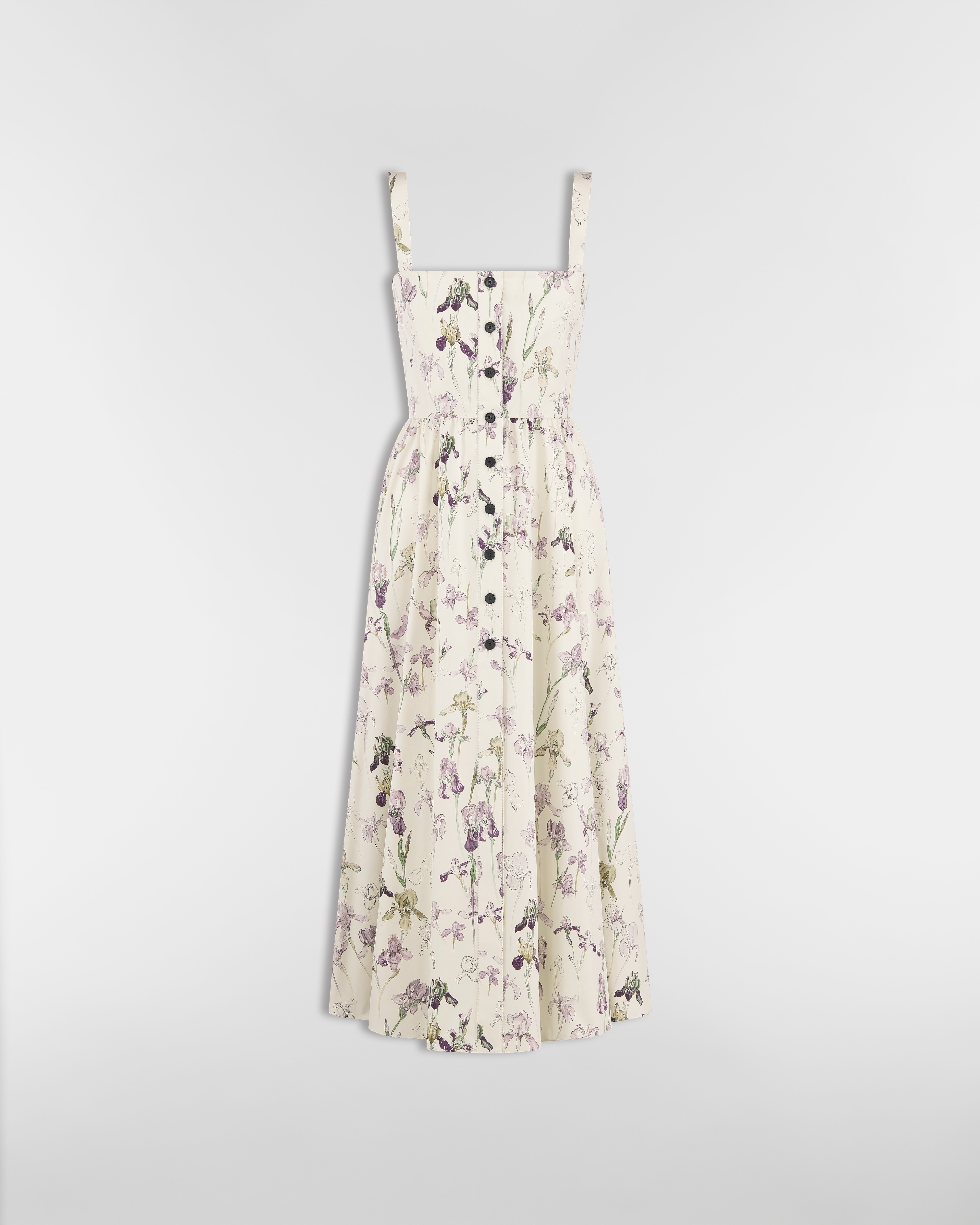 Ausgestelltes Midikleid Baumwoll- und Seidenpopelin in Beige mit Butterflies & Iris Motiv in mehreren Farben E01